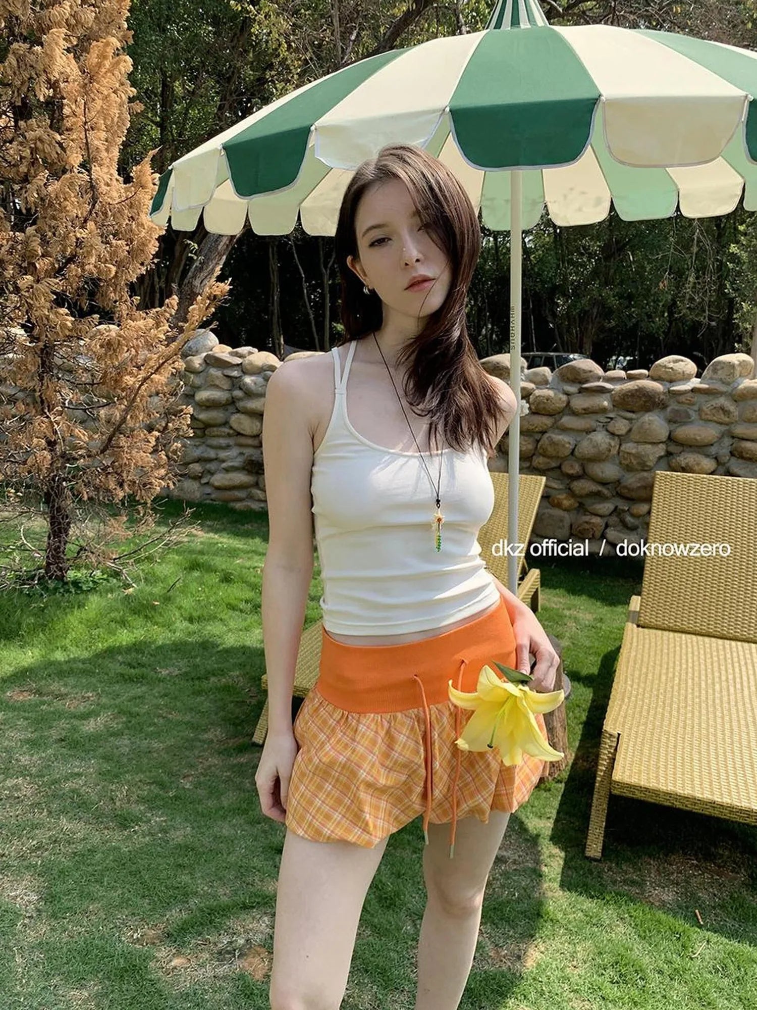 DKZ OFFICIAL Orange Plaid Drawstring Mini Skirt