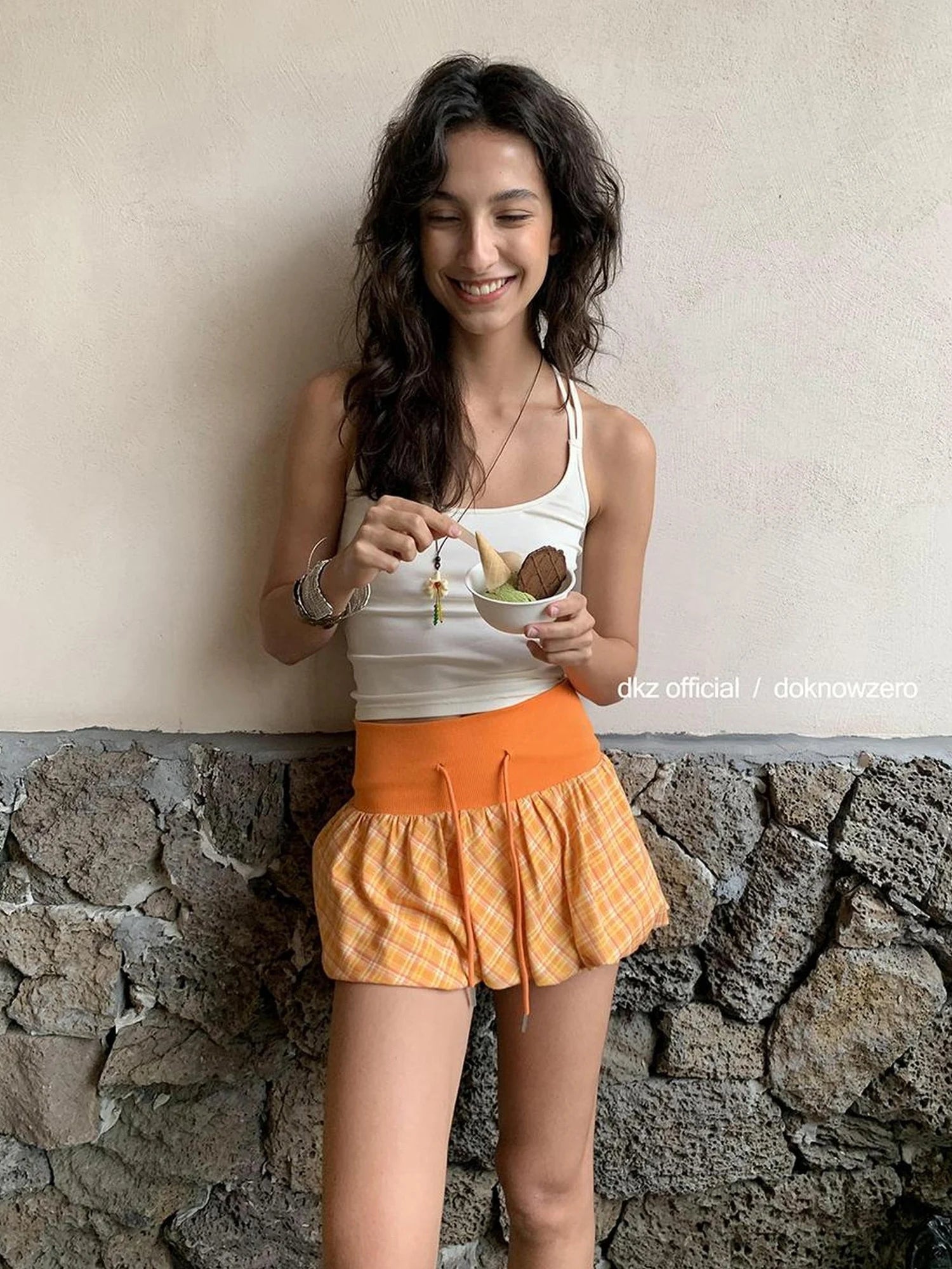 DKZ OFFICIAL Orange Plaid Drawstring Mini Skirt
