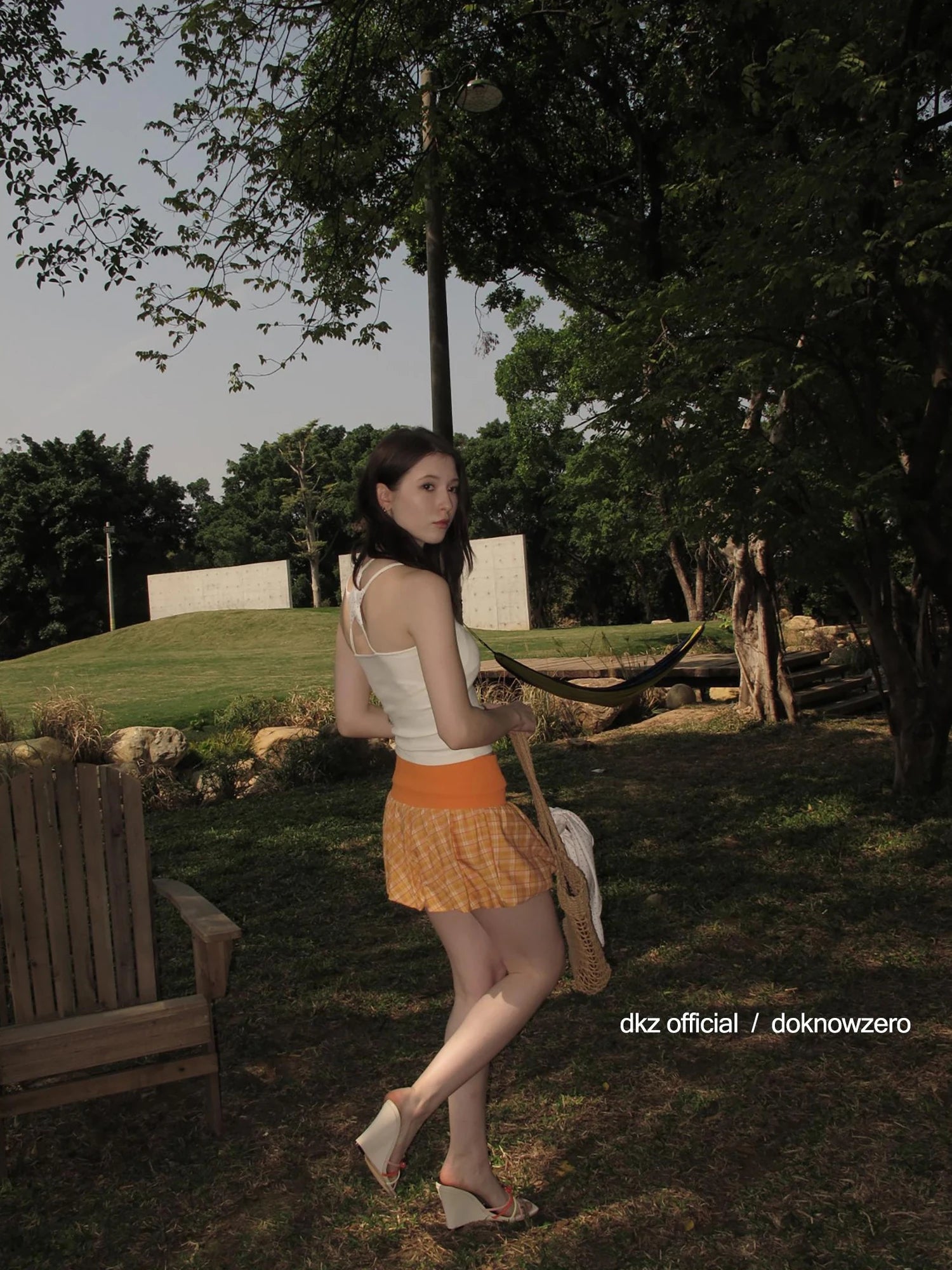 DKZ OFFICIAL Orange Plaid Drawstring Mini Skirt