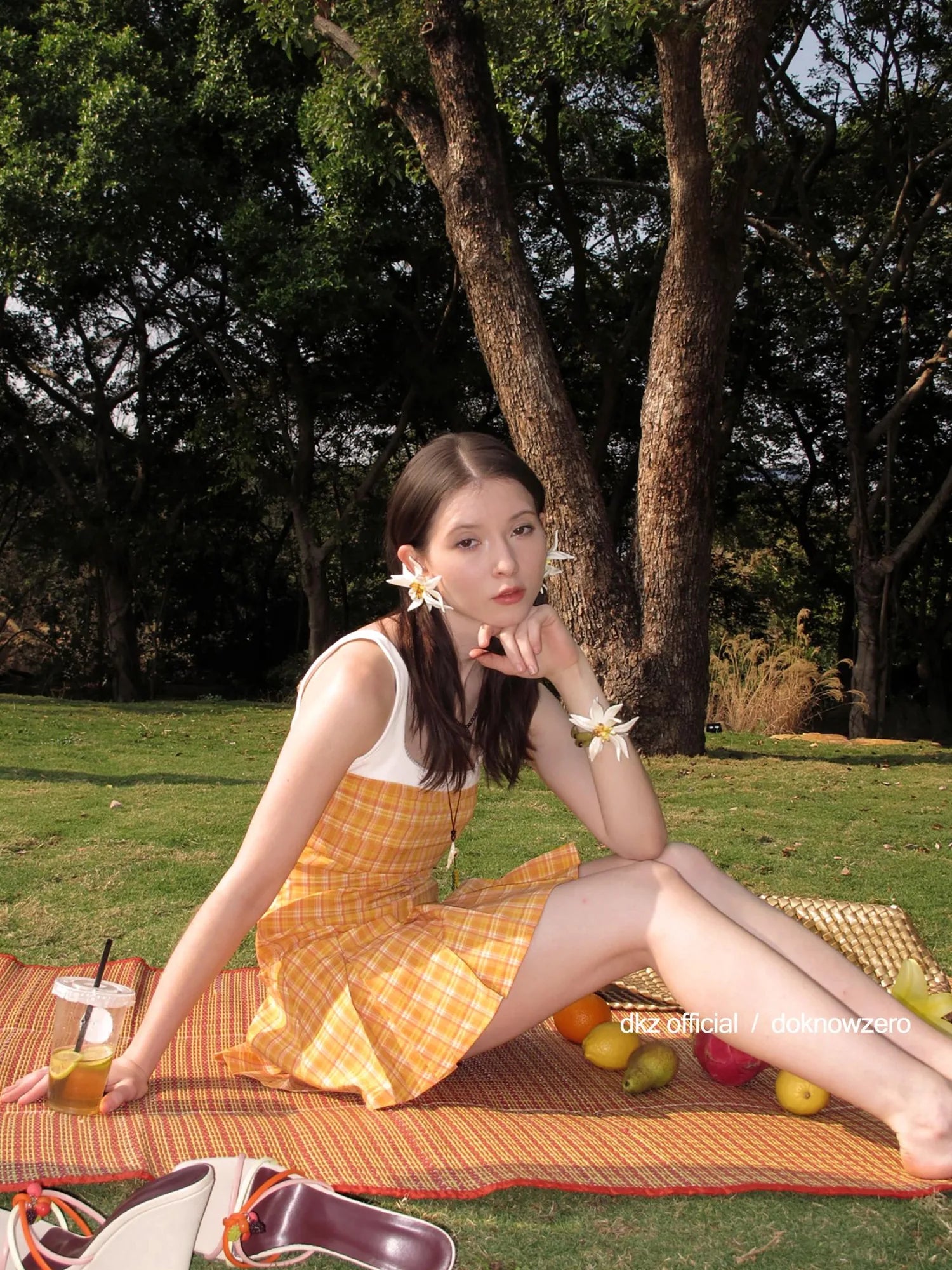 DKZ OFFICIAL Orange Plaid Strappy Midi Dress With Pleated Skirt