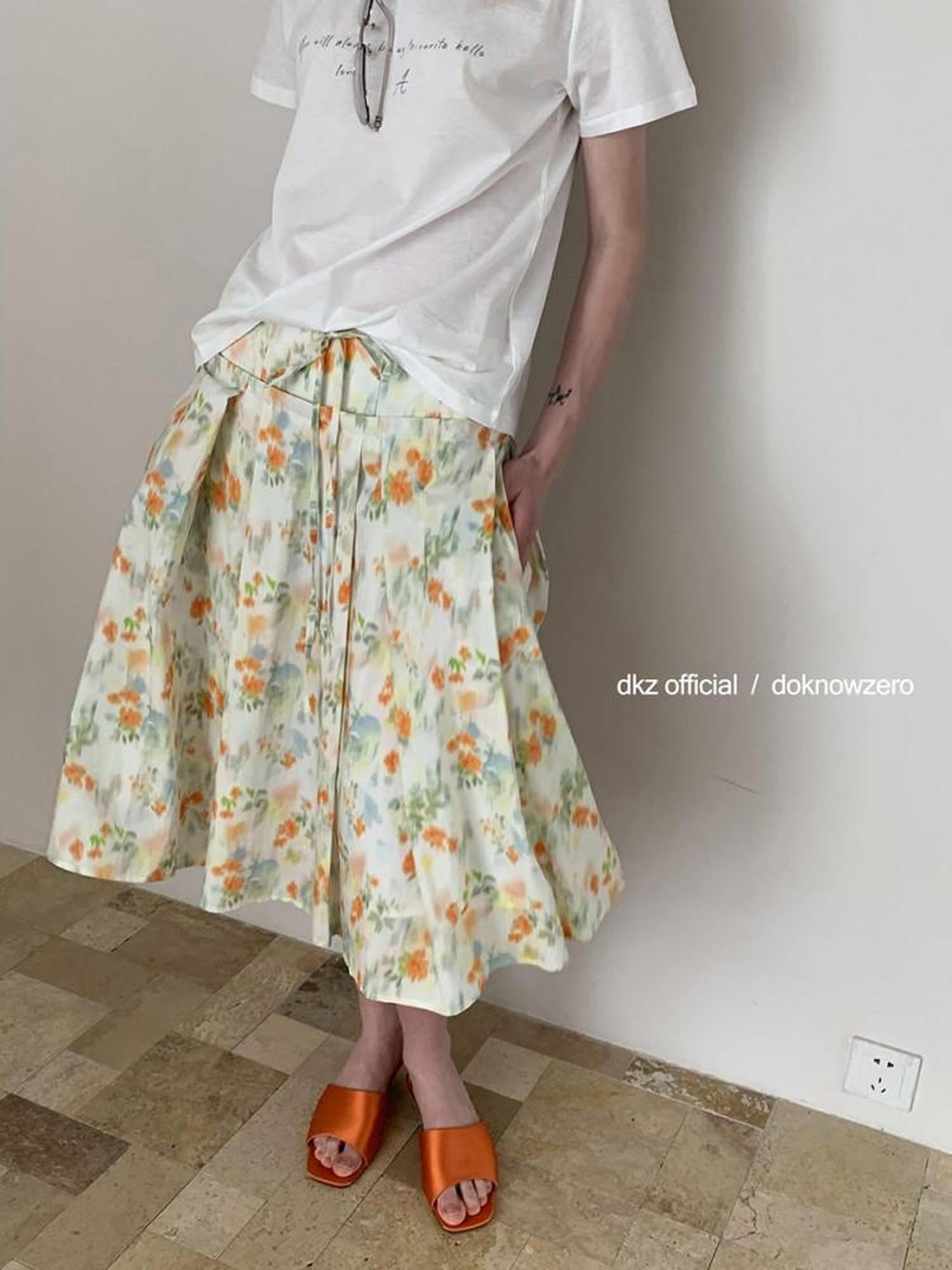 DKZ OFFICIAL Orange Retro Pleated Printed A Line Loose Women&