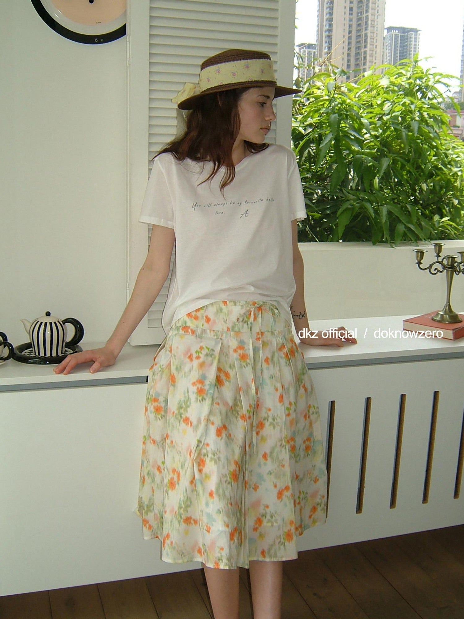 DKZ OFFICIAL Orange Retro Pleated Printed A Line Loose Women&