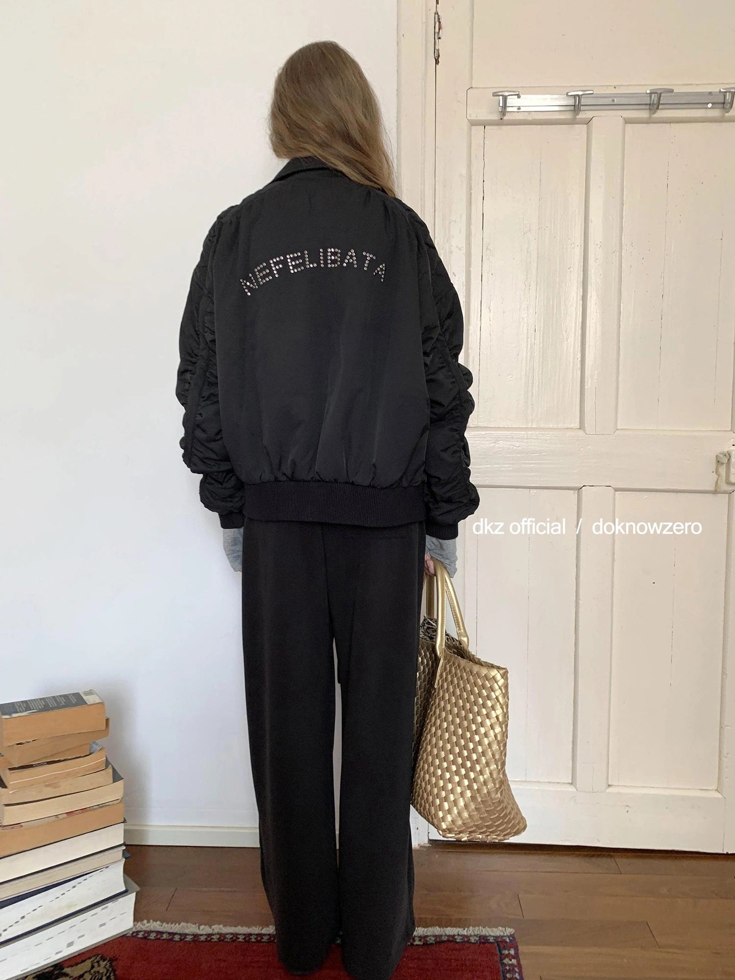 DKZ OFFICIAL Oversized Black Letter Print Nylon Padded Jacket