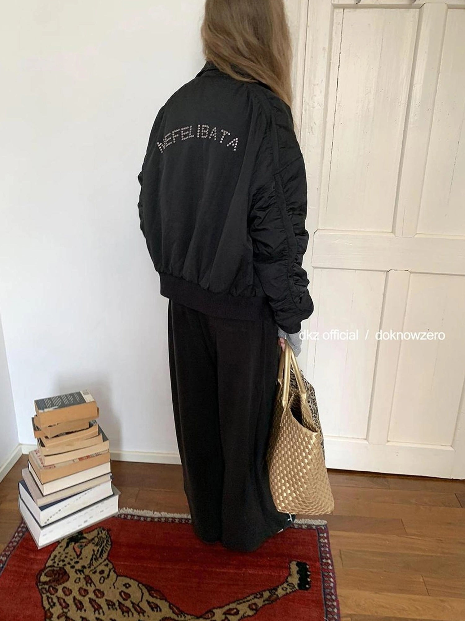 DKZ OFFICIAL Oversized Black Letter Print Nylon Padded Jacket