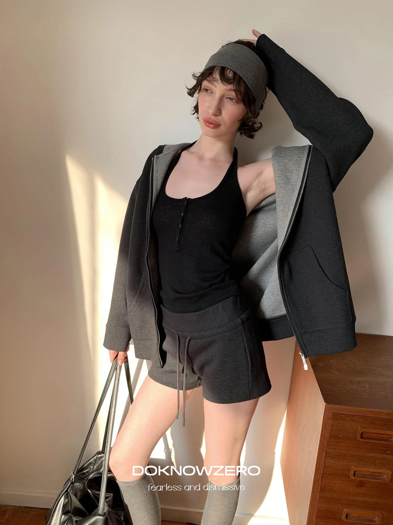 DKZ OFFICIAL Oversized Hooded Sweatshirt Shorts Set In Dark Grey