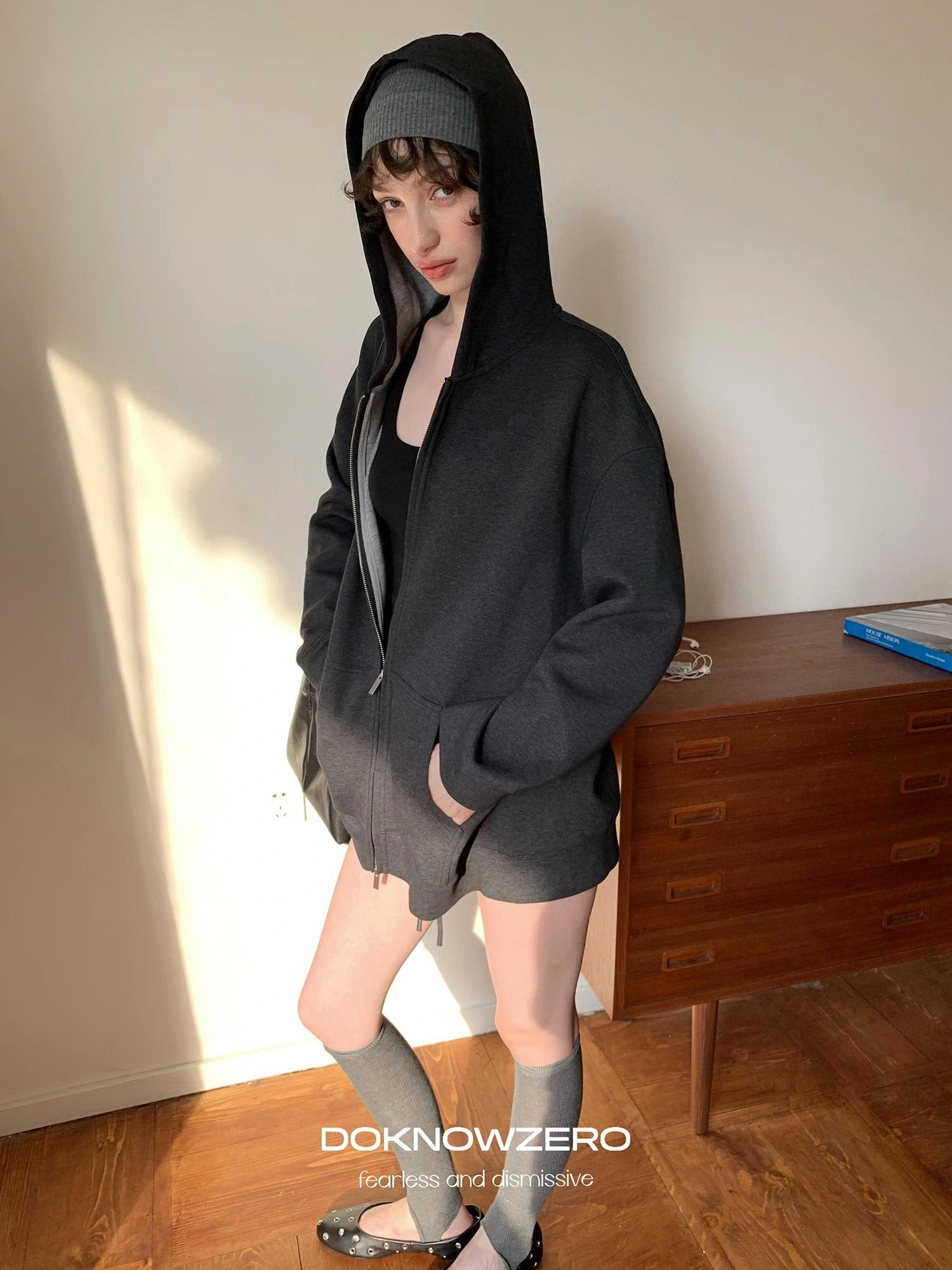 DKZ OFFICIAL Oversized Hooded Sweatshirt Shorts Set In Dark Grey