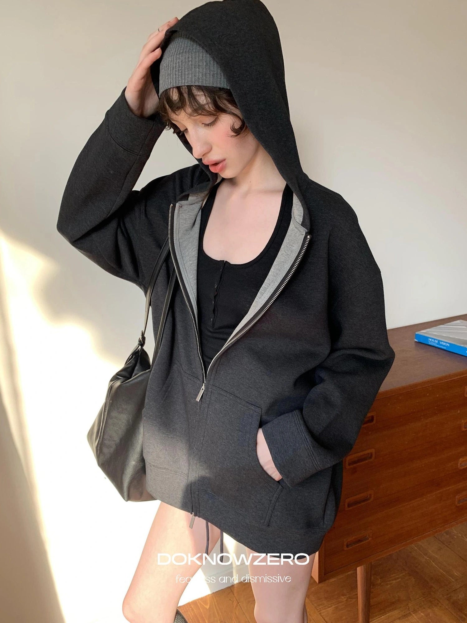 DKZ OFFICIAL Oversized Hooded Sweatshirt Shorts Set In Dark Grey