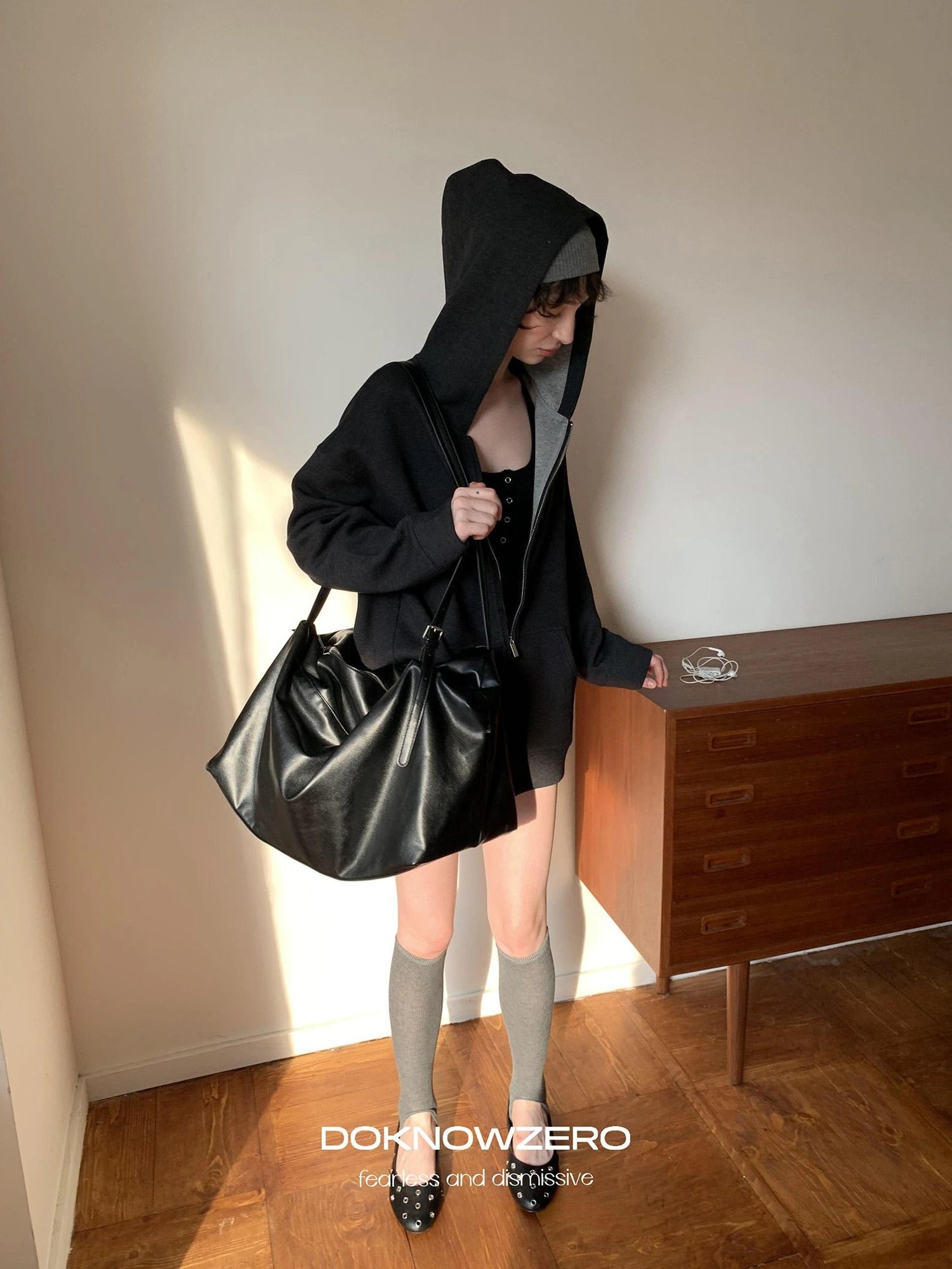 DKZ OFFICIAL Oversized Hooded Sweatshirt Shorts Set In Dark Grey