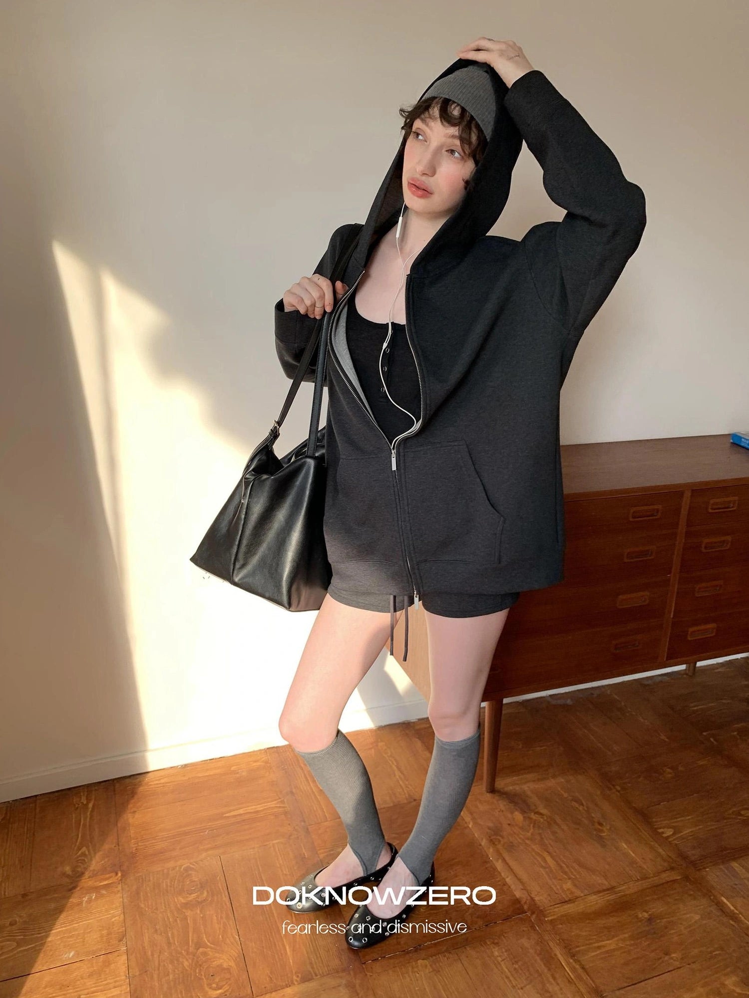 DKZ OFFICIAL Oversized Hooded Sweatshirt Shorts Set In Dark Grey
