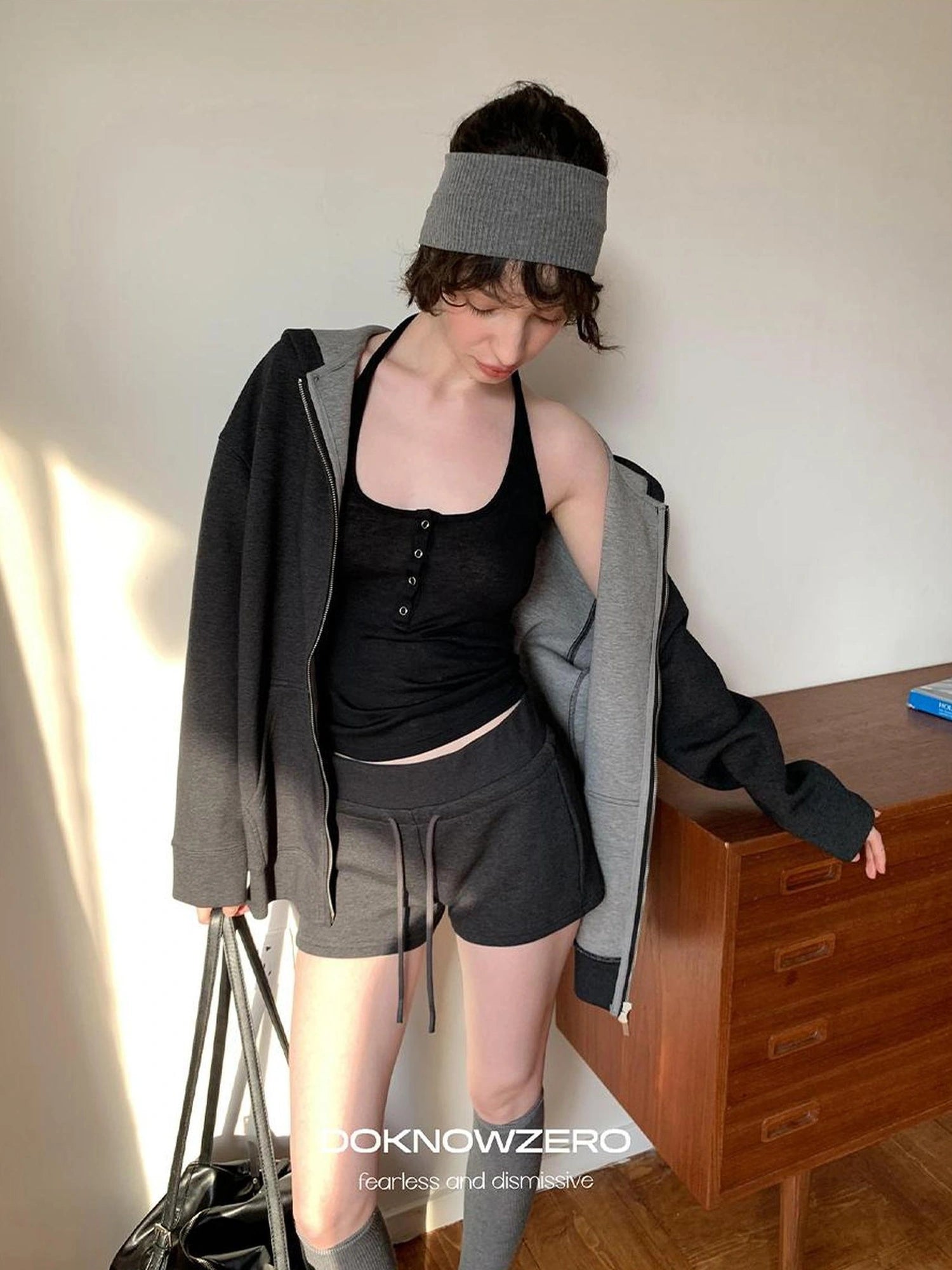 DKZ OFFICIAL Oversized Hooded Sweatshirt Shorts Set In Dark Grey