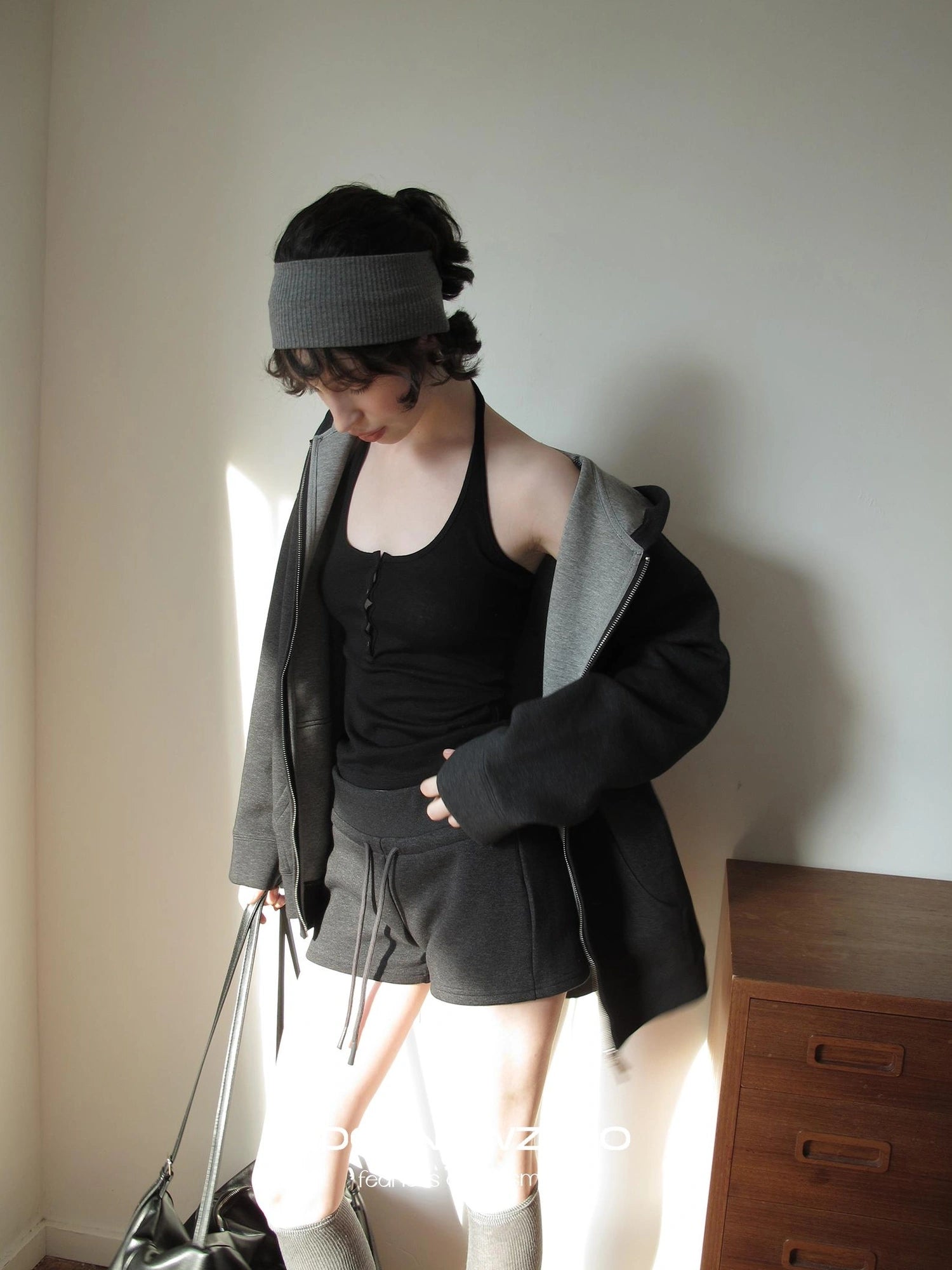 DKZ OFFICIAL Oversized Hooded Sweatshirt Shorts Set In Dark Grey