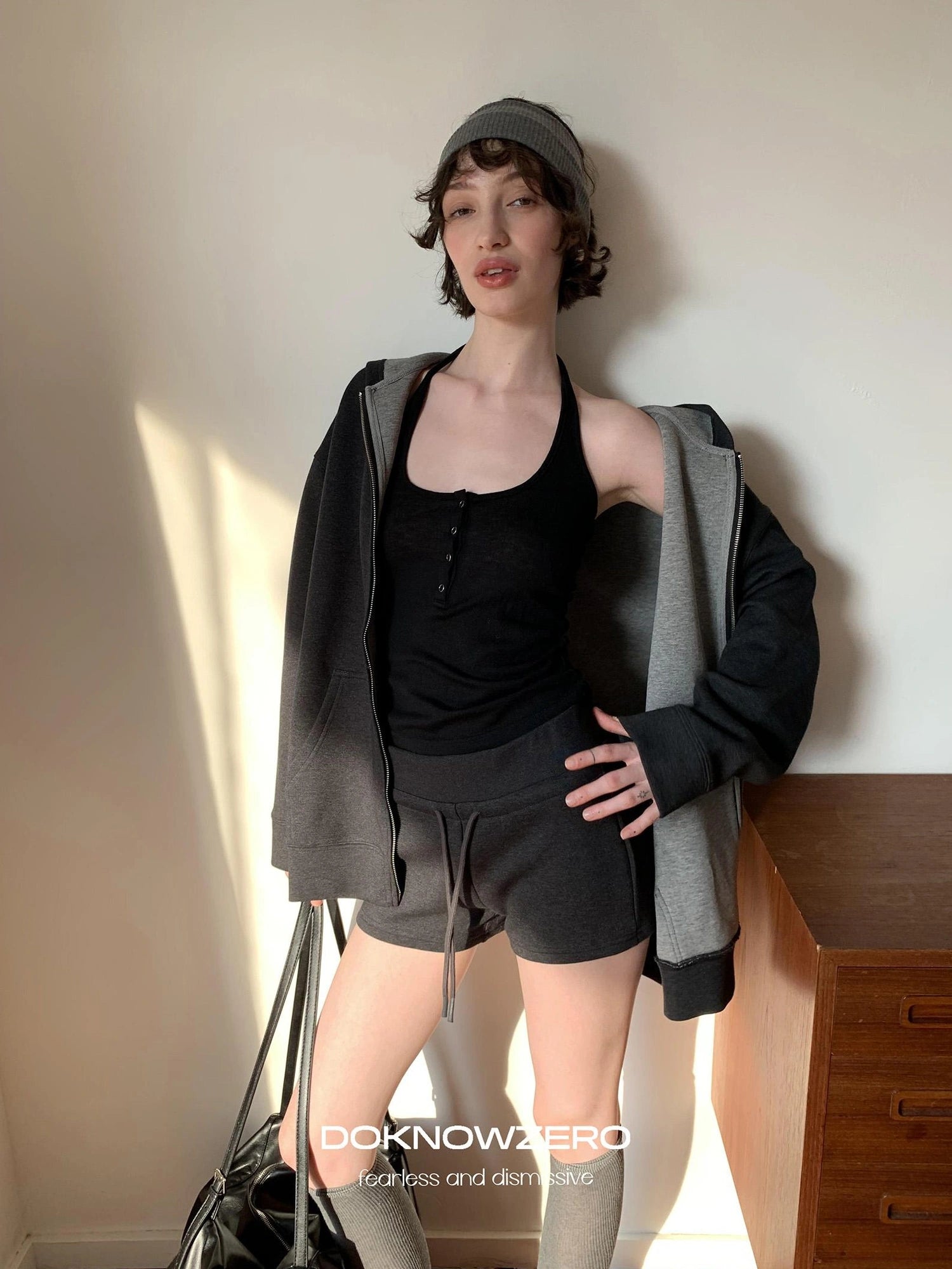 DKZ OFFICIAL Oversized Hooded Sweatshirt Shorts Set In Dark Grey