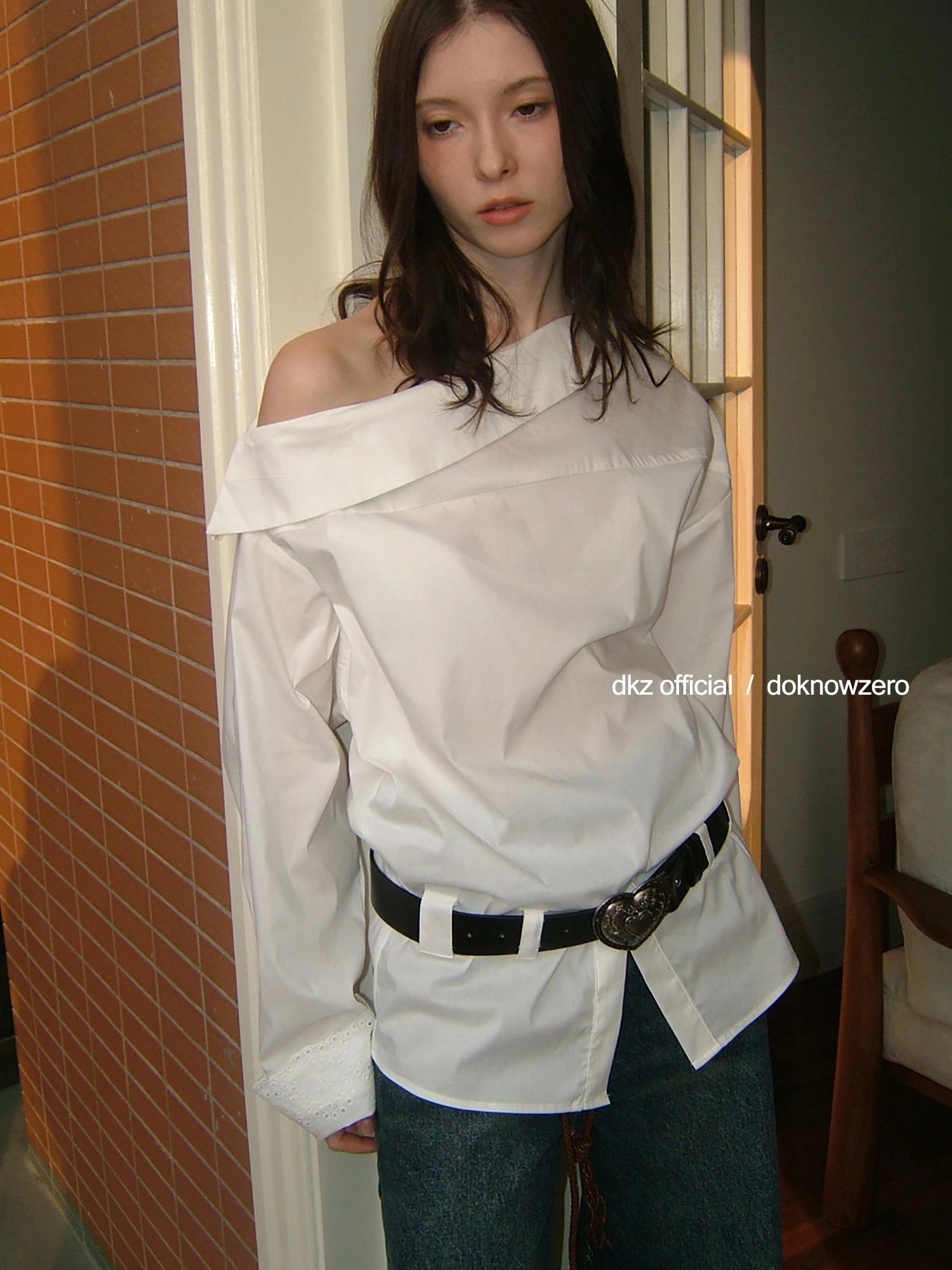Oversized Slant Shoulder Long Sleeve Shirt