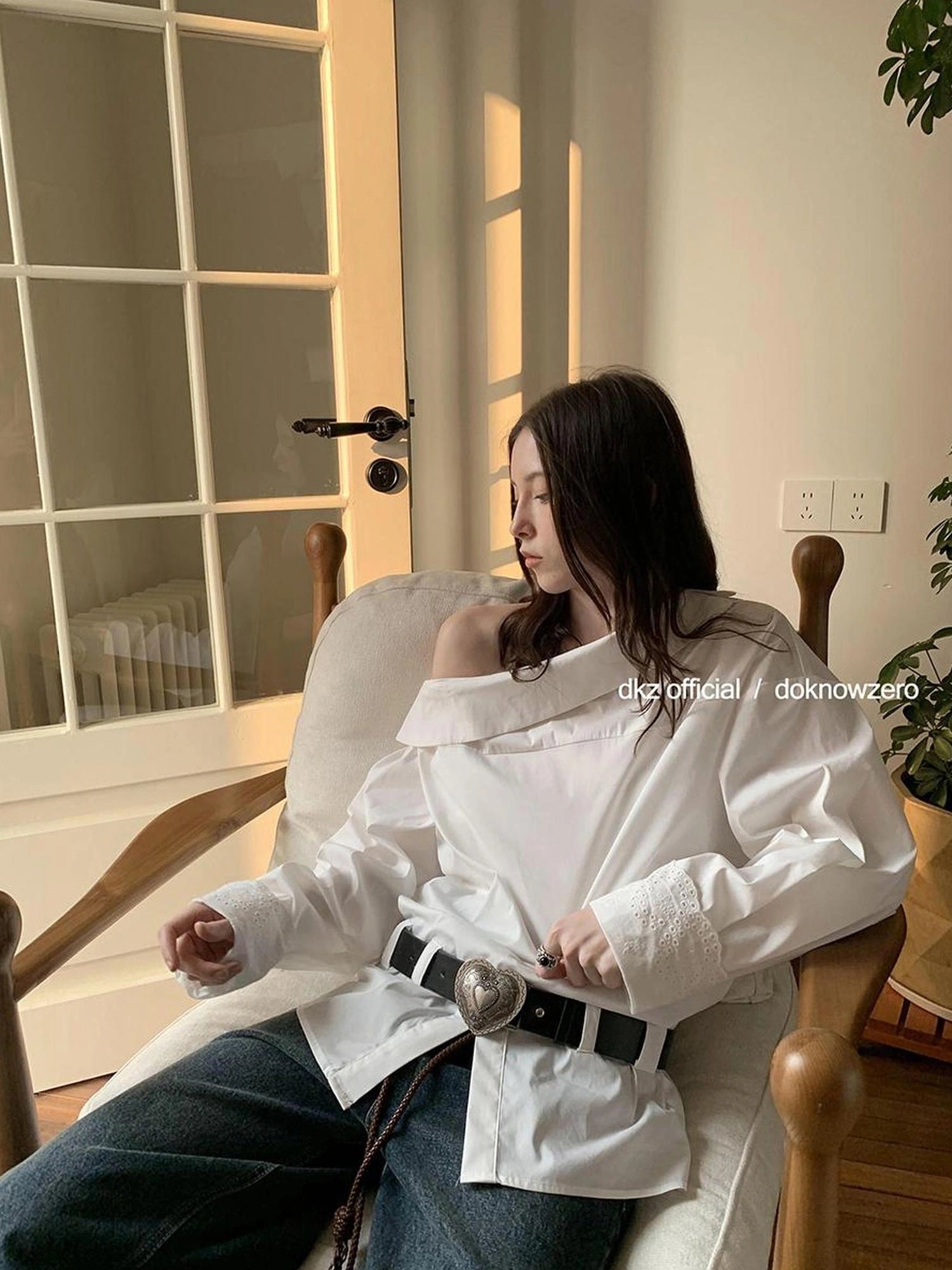 Oversized Slant Shoulder Long Sleeve Shirt