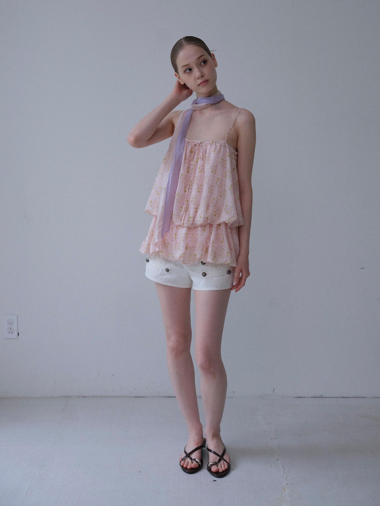 DKZ OFFICIAL Pink Floral Printed Bubble Hem Cropped With Scarf Women&