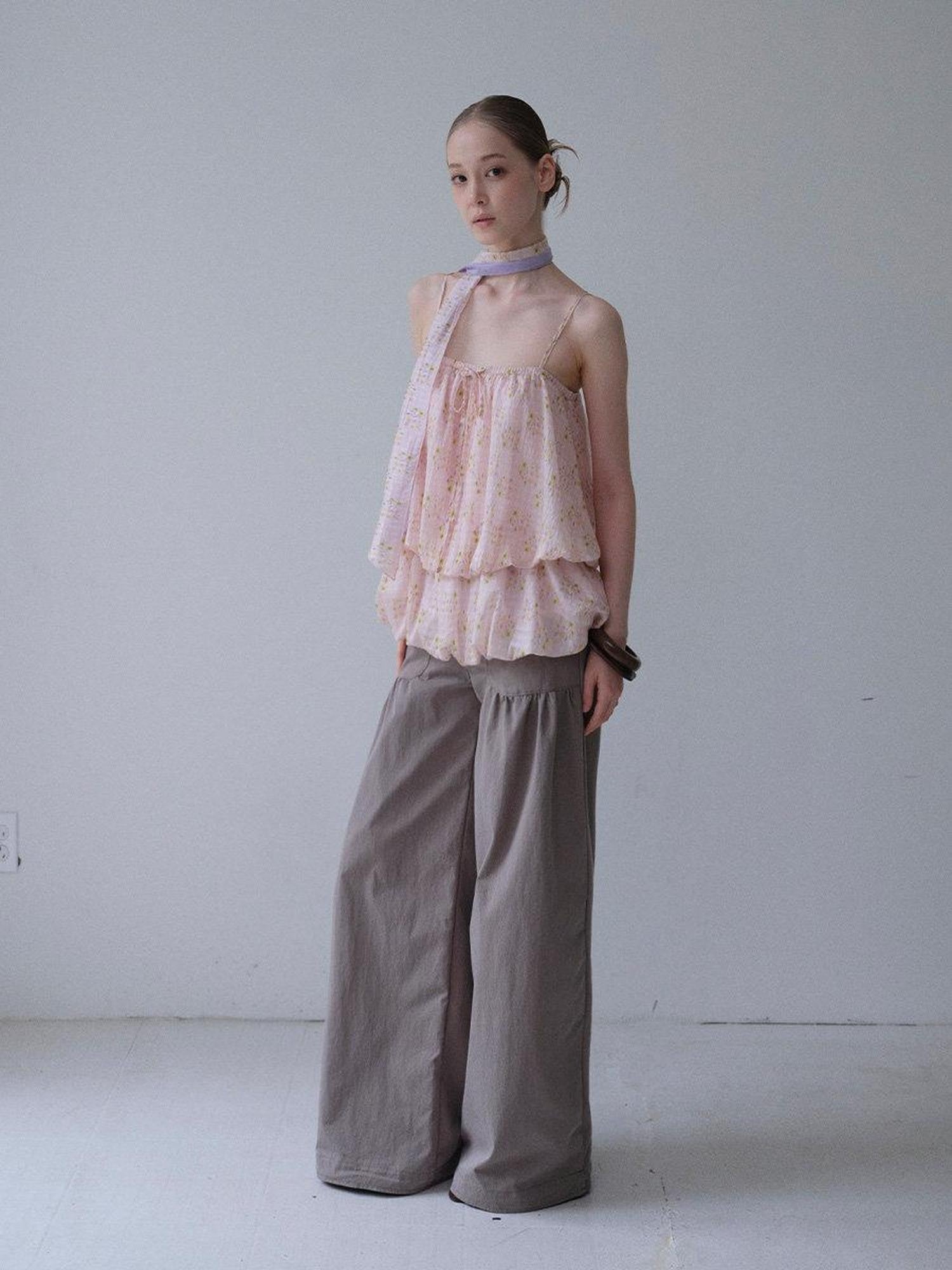 DKZ OFFICIAL Pink Floral Printed Bubble Hem Cropped With Scarf Women&