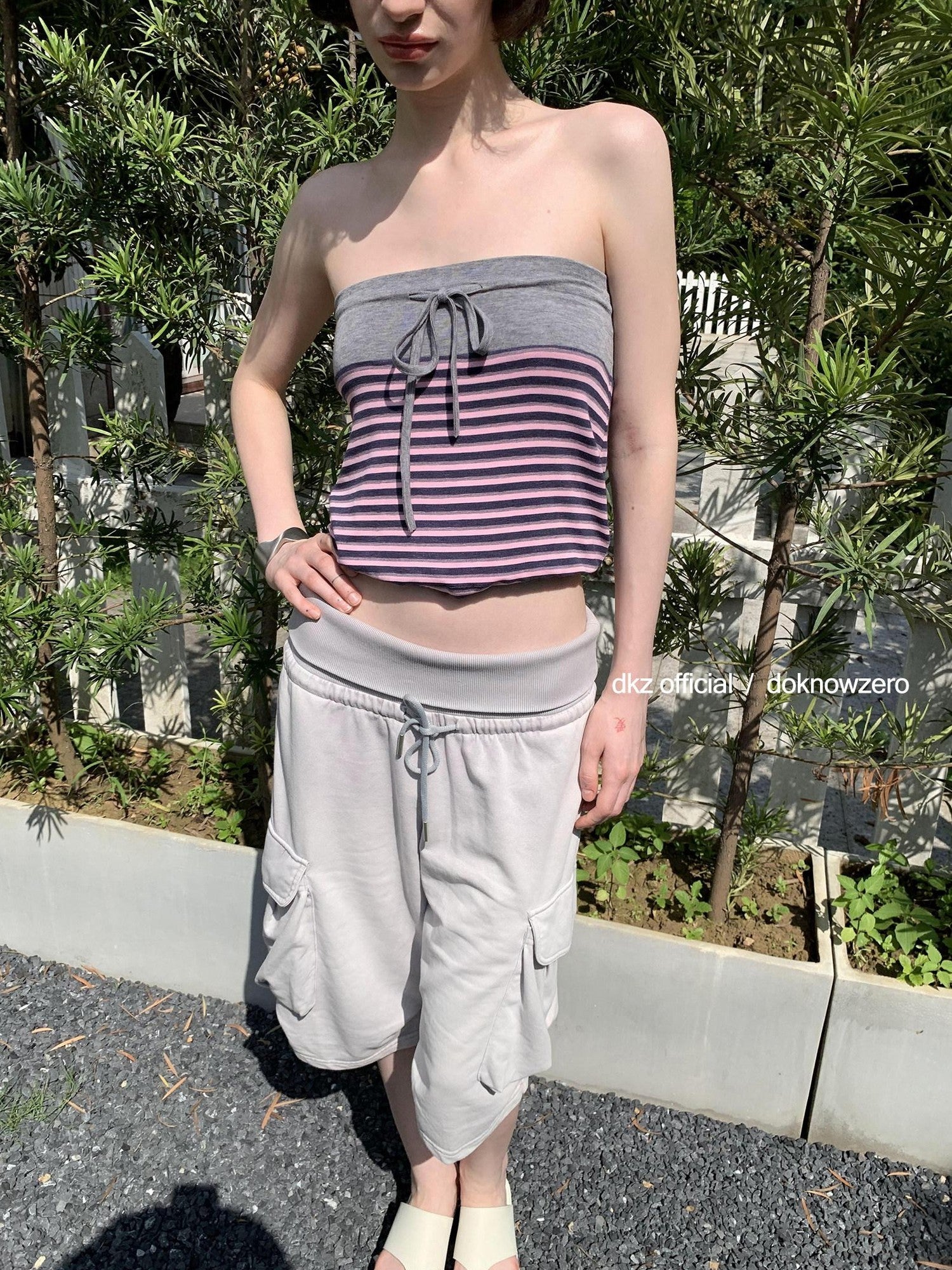 DKZ OFFICIAL Pink Retro Striped Asymmetric Slim Knit Women&