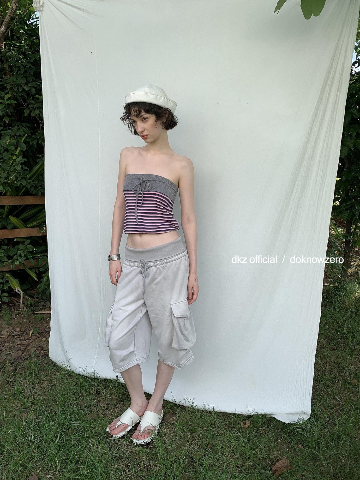 DKZ OFFICIAL Pink Retro Striped Asymmetric Slim Knit Women&