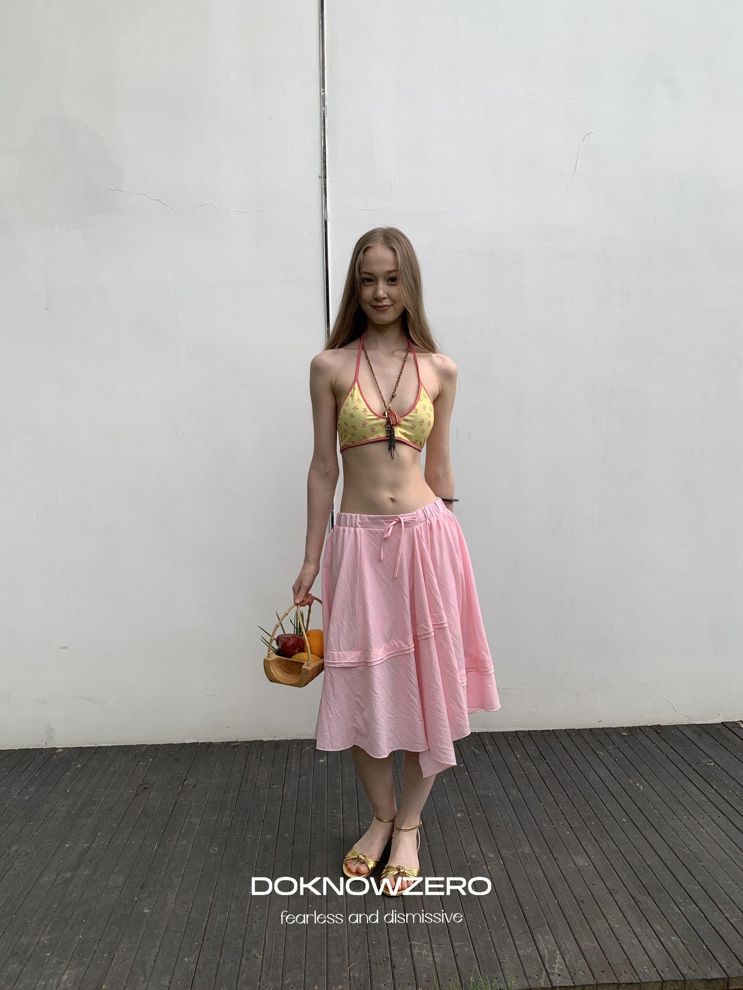 DKZ OFFICIAL Pink Ribbed Elastic Waist Asymmetric A Line Women&