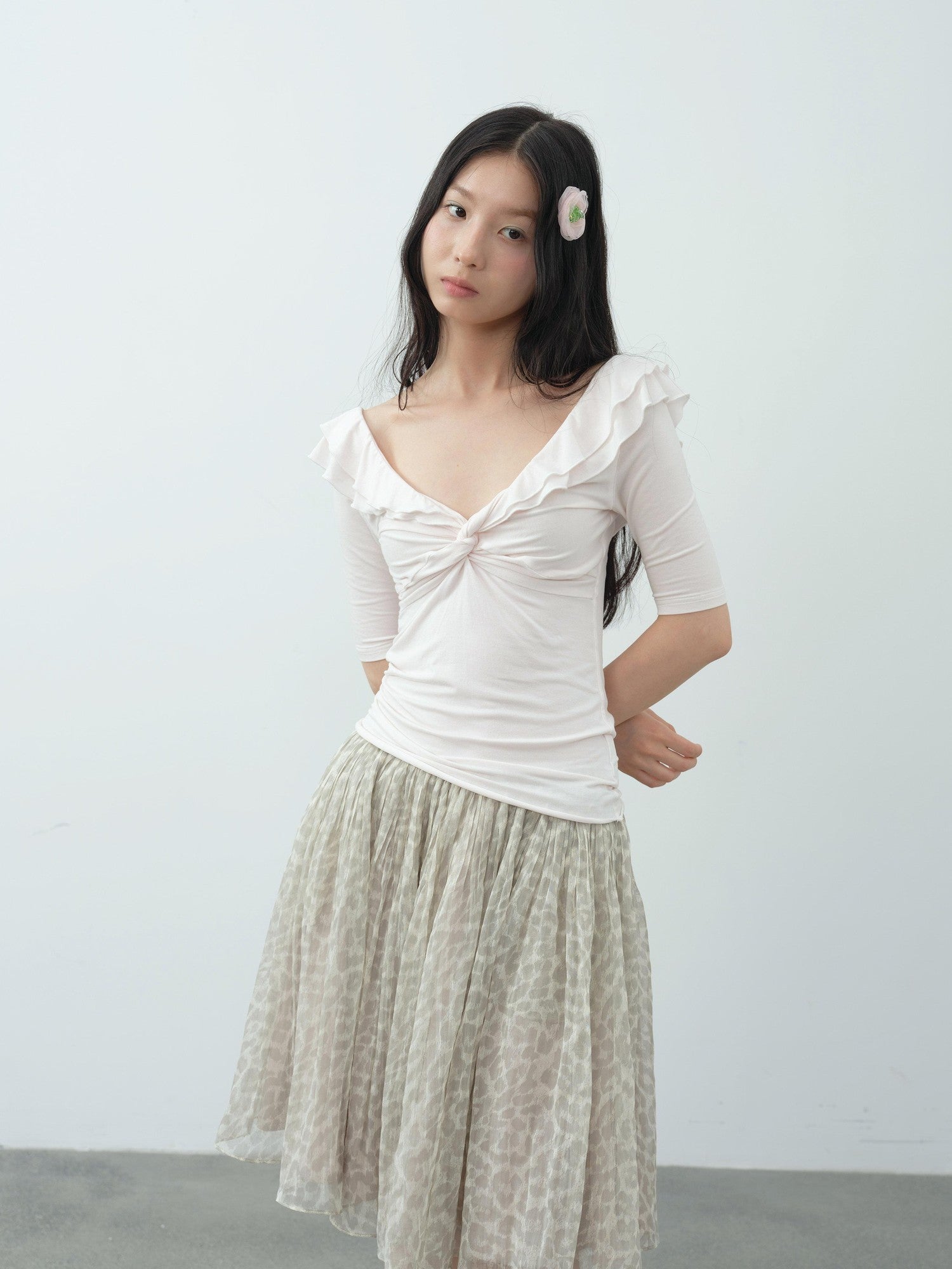 DKZ OFFICIAL Pink Twist Knot Ruffle V-neck Slim Women&