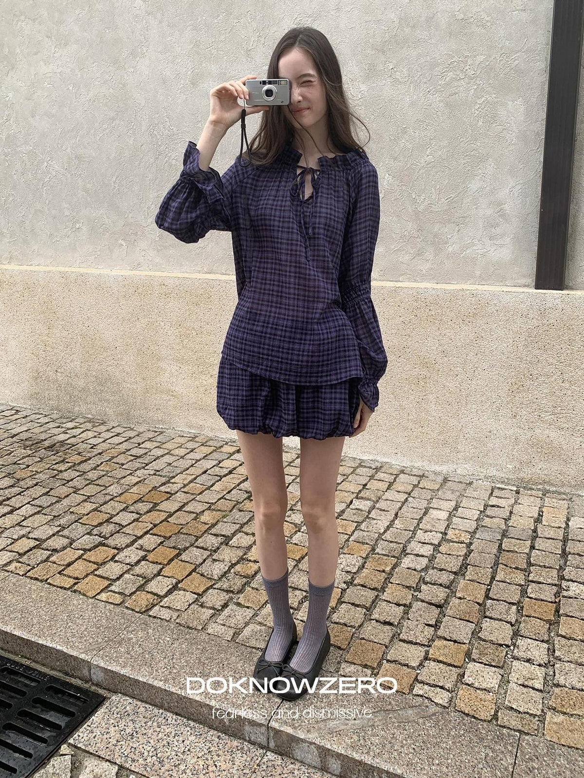 DKZ OFFICIAL Plaid Drawstring Loose V-neck Women&