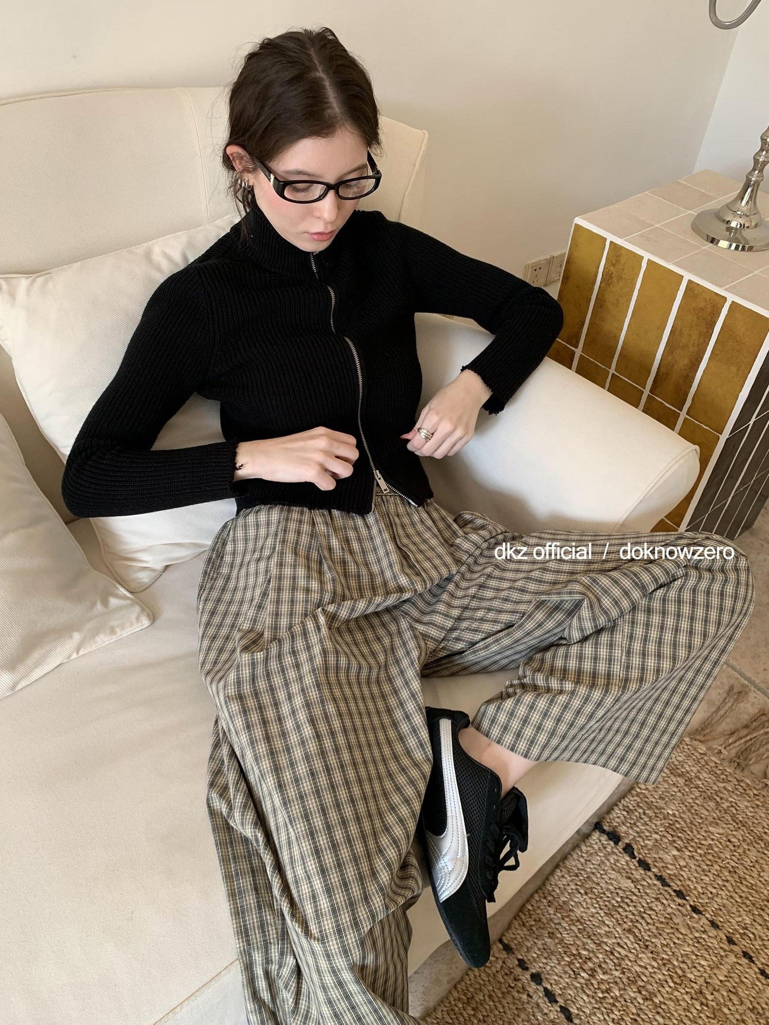 DKZ OFFICIAL Plaid Drawstring Pocket Vintage Women&