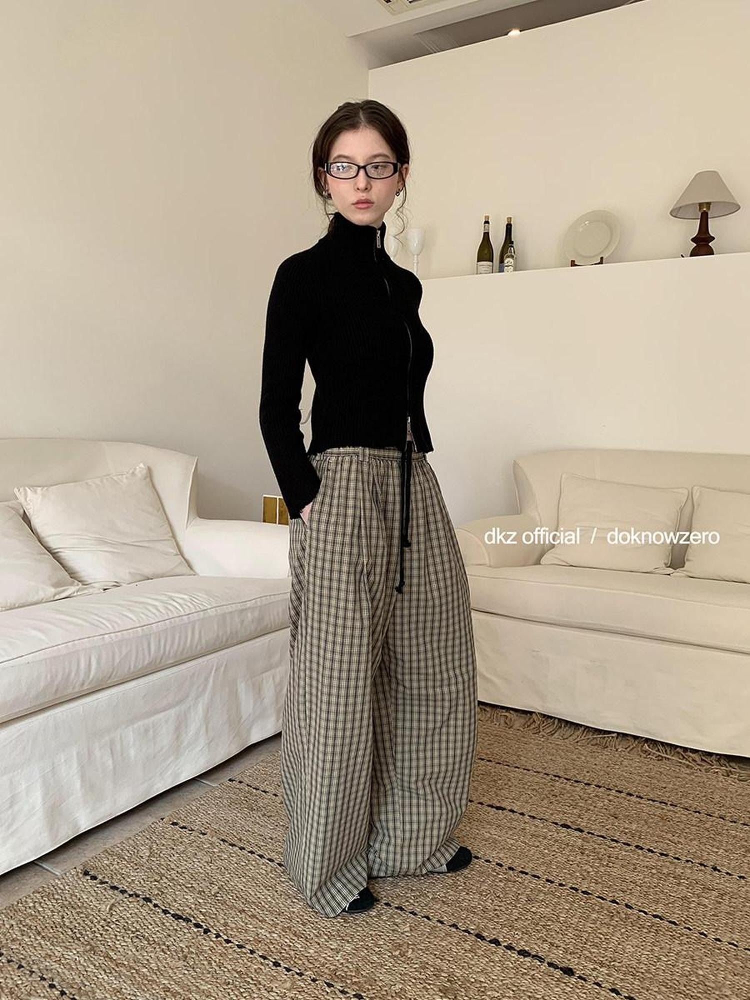 DKZ OFFICIAL Plaid Drawstring Pocket Vintage Women&