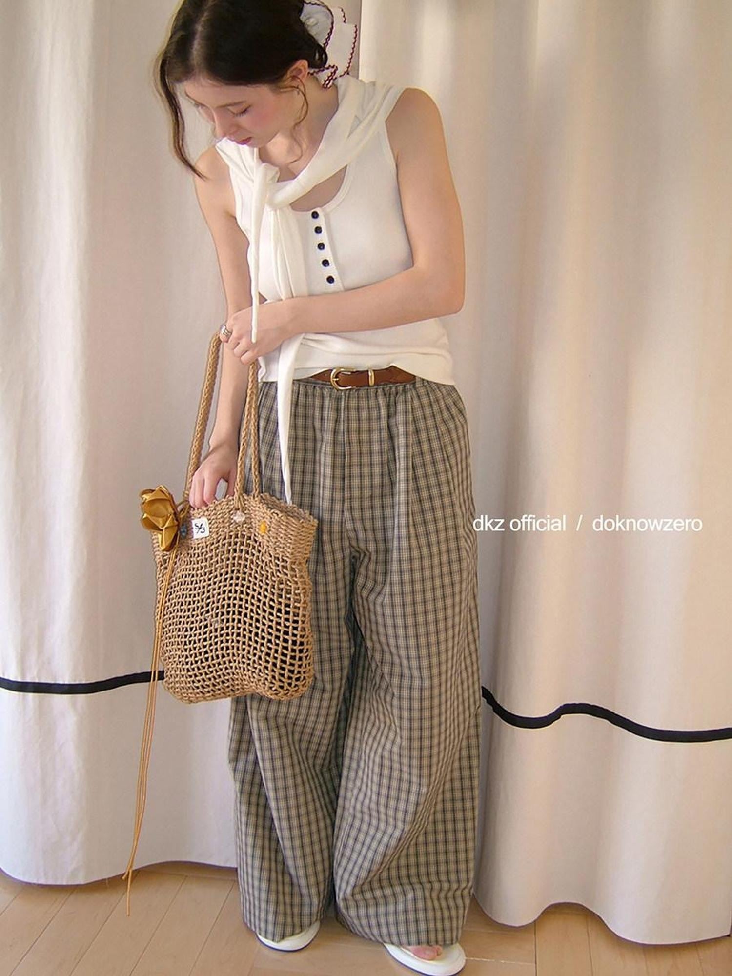DKZ OFFICIAL Plaid Drawstring Pocket Vintage Women&