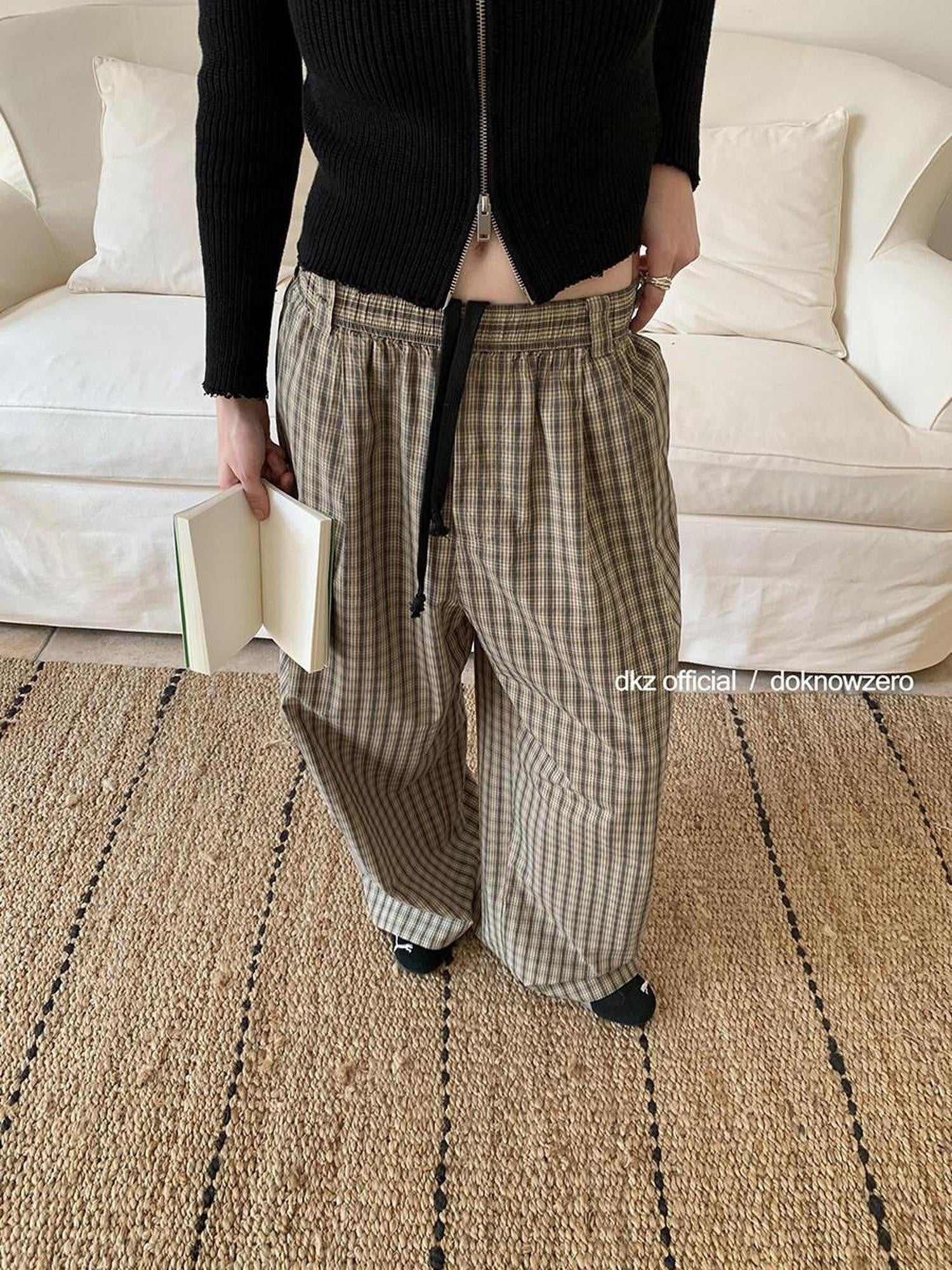 DKZ OFFICIAL Plaid Drawstring Pocket Vintage Women&