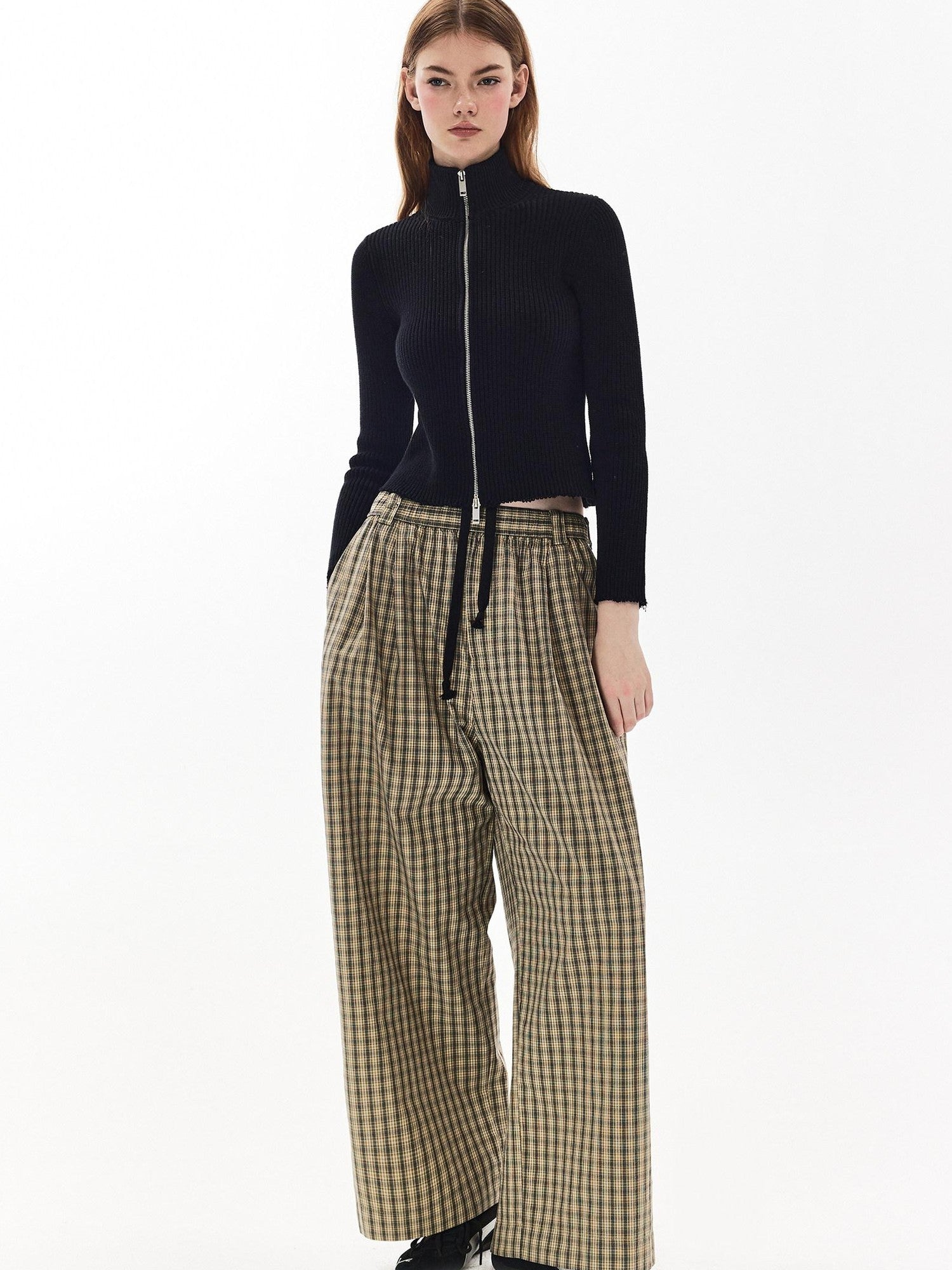 DKZ OFFICIAL Plaid Drawstring Pocket Vintage Women&