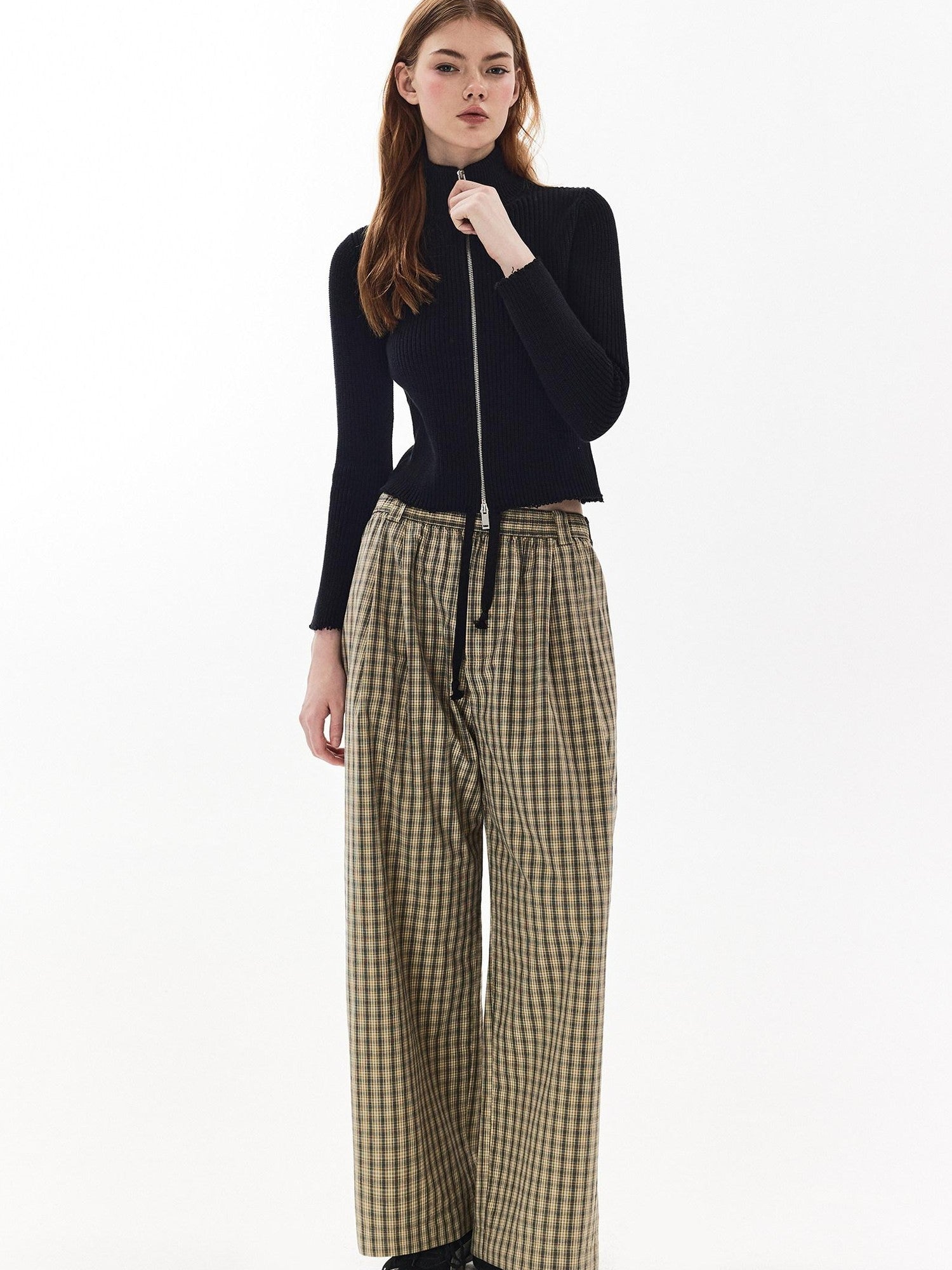 DKZ OFFICIAL Plaid Drawstring Pocket Vintage Women&