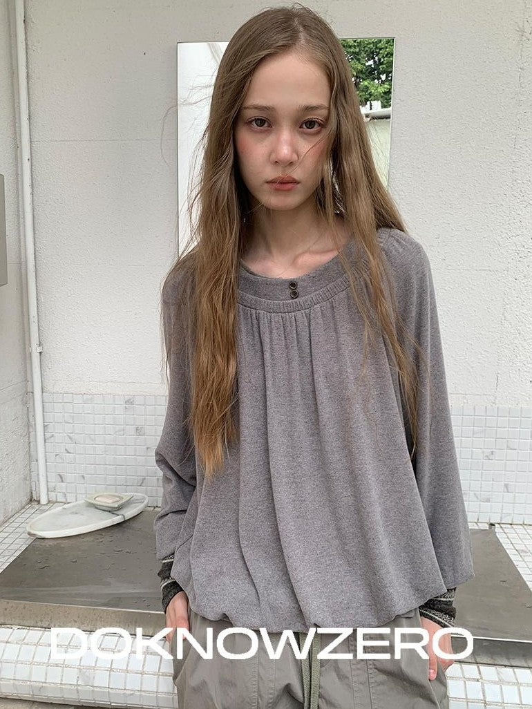 DKZ OFFICIAL Pleated Fleece Feel Round Neck Women&