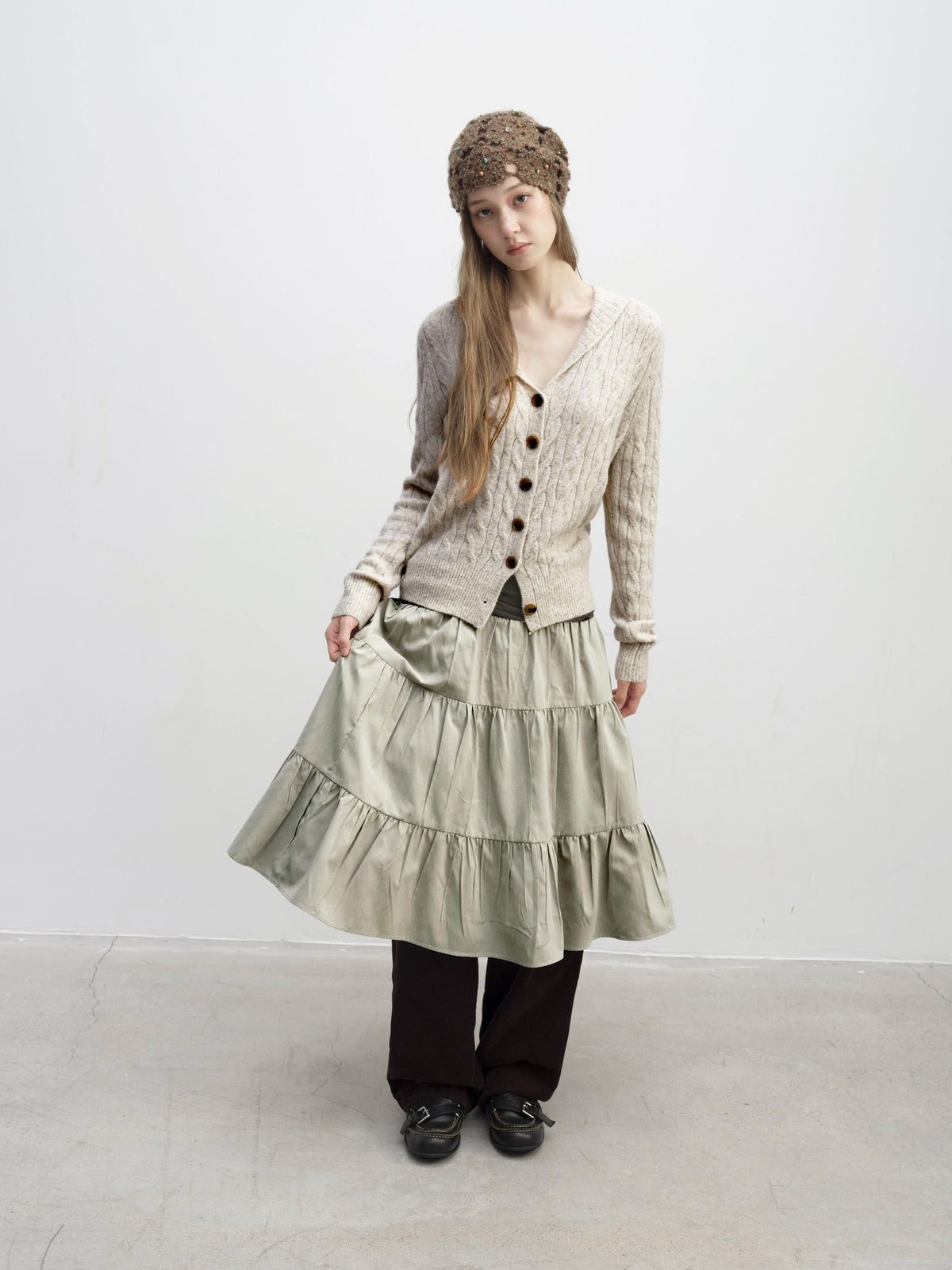 DKZ OFFICIAL Pleated Fold Over Waist Spliced Faux Fur Layered Cake Women&