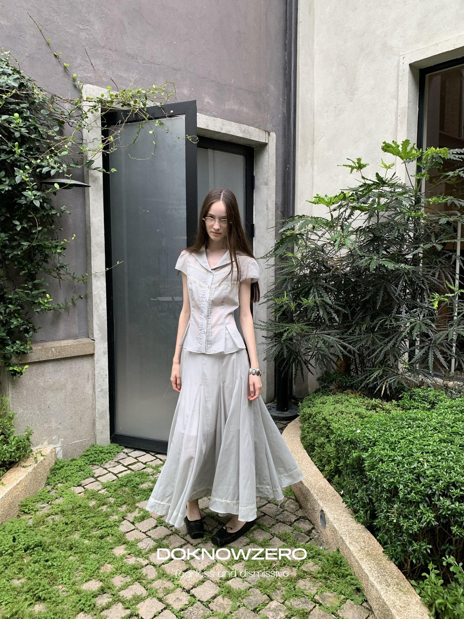 DKZ OFFICIAL Pleated Lace Waist Short Sleeve Fishtail Women&