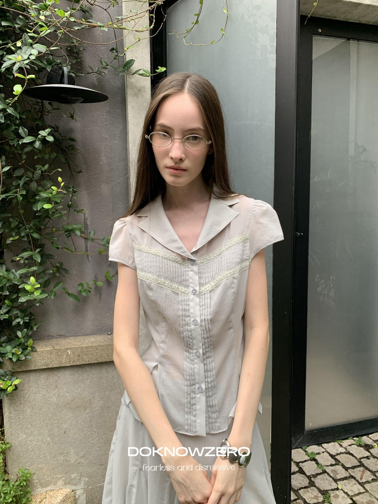 DKZ OFFICIAL Pleated Lace Waist Short Sleeve Fishtail Women&