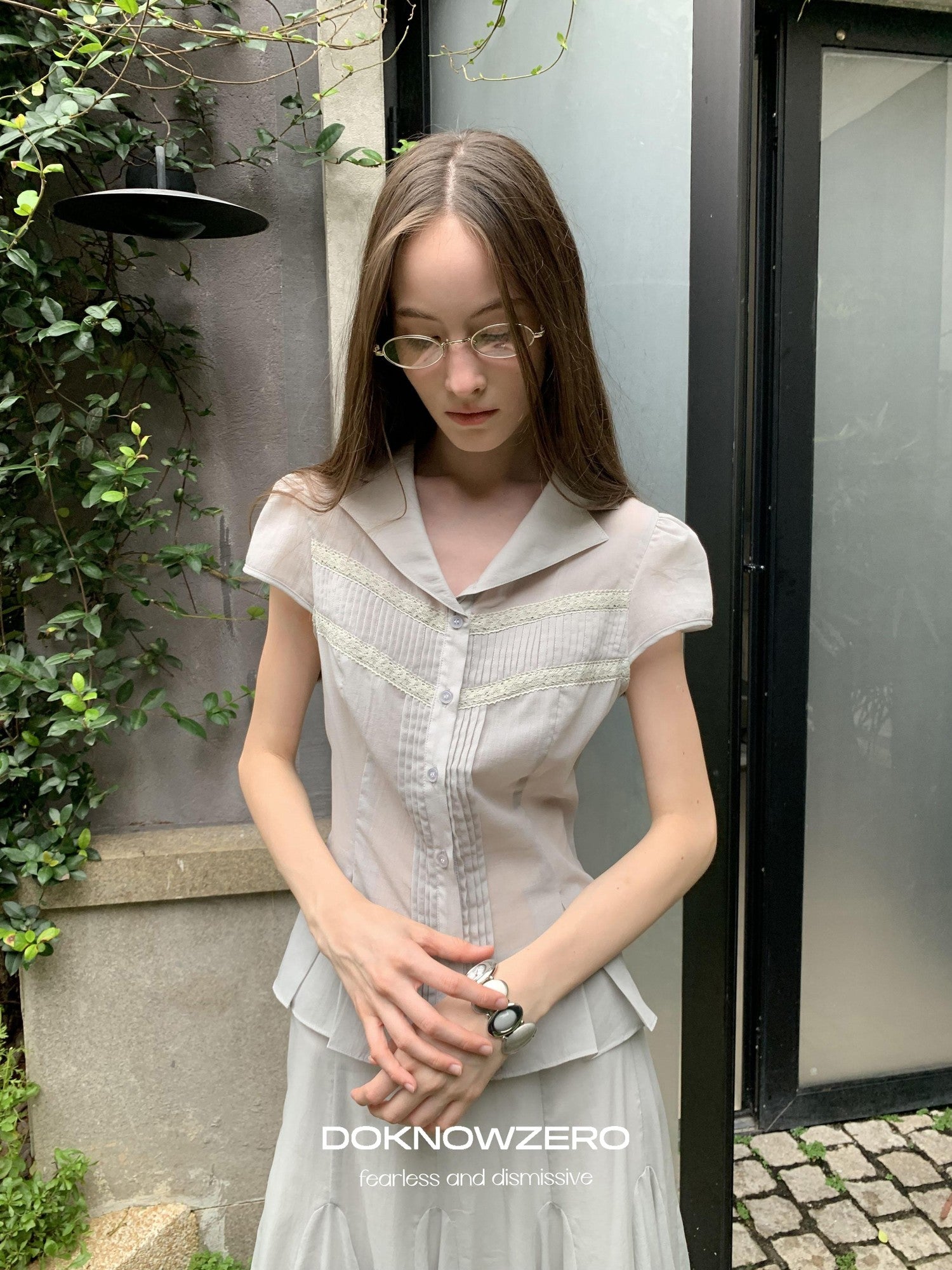 DKZ OFFICIAL Pleated Lace Waist Short Sleeve Fishtail Women&