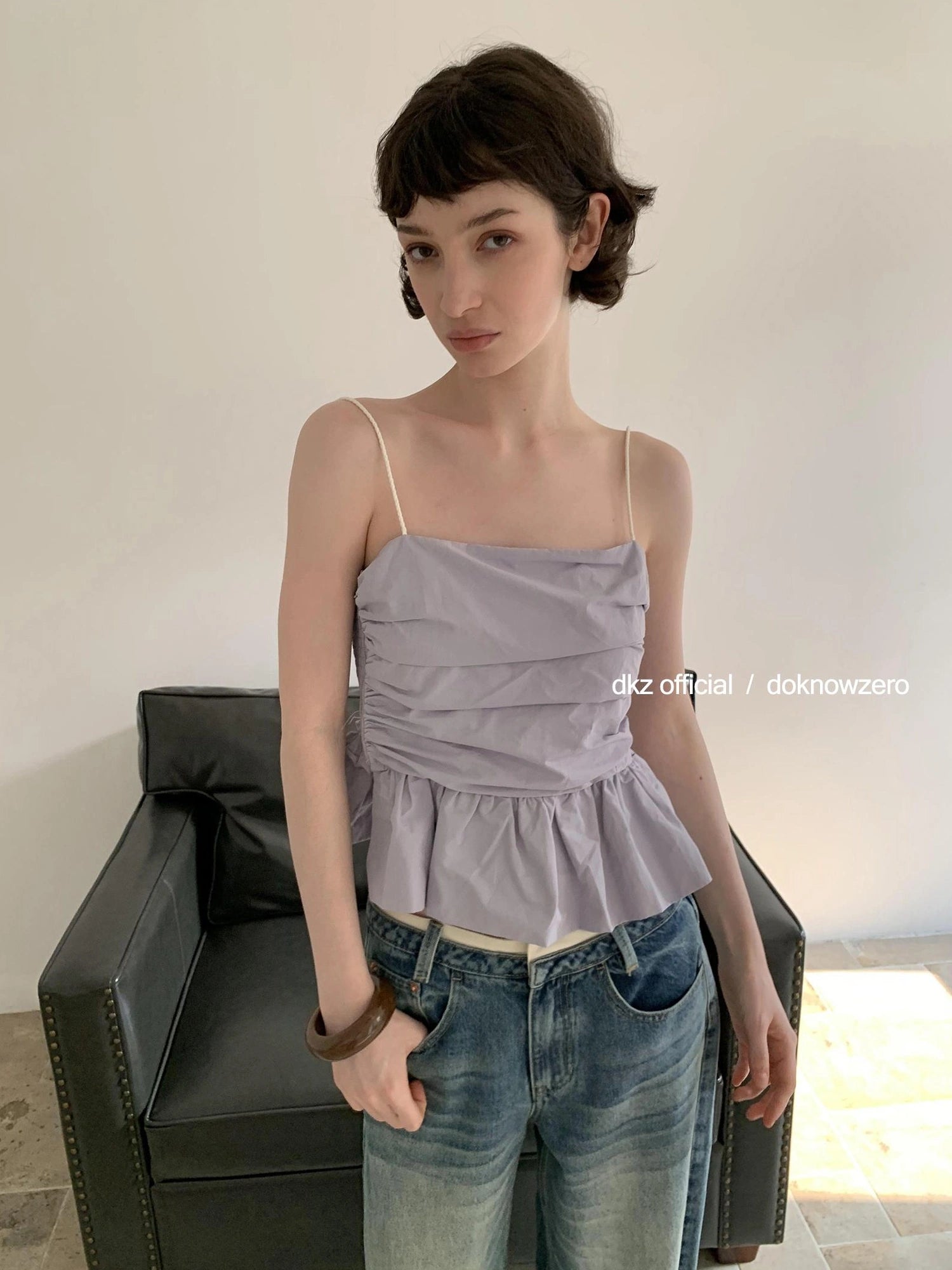 DKZ OFFICIAL Pleated Ruffle Hem Camisole Top