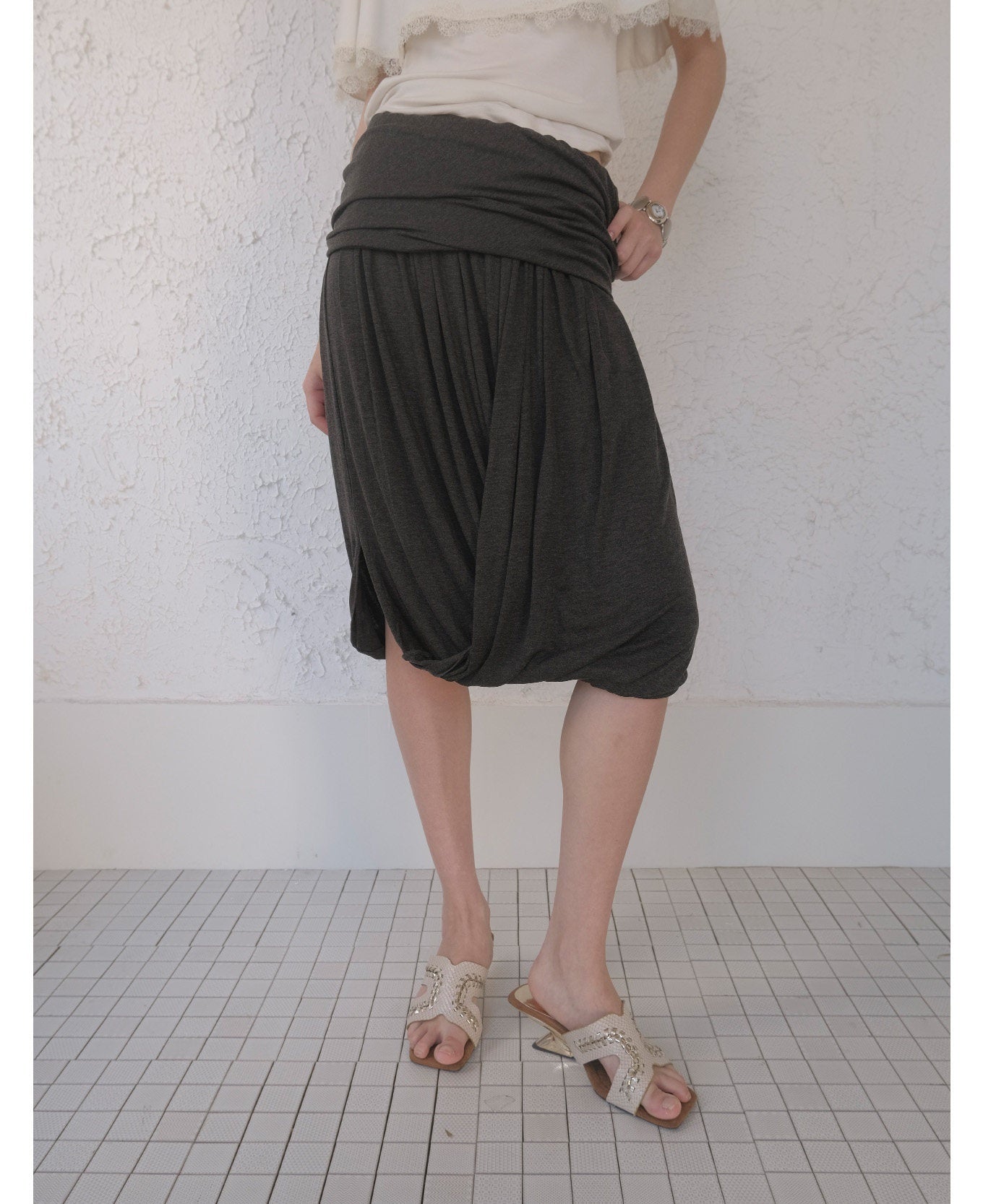 DKZ_OFFICIAL_Polka_Dot_Pleated_Asymmetrical_Elastic_Waist_Women&