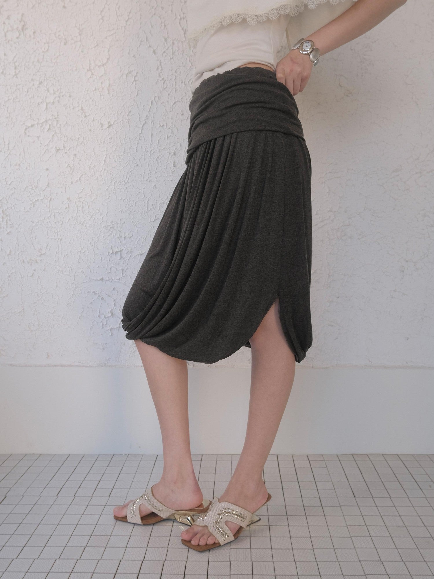 DKZ OFFICIAL Polka Dot Pleated Asymmetrical Elastic Waist Women&