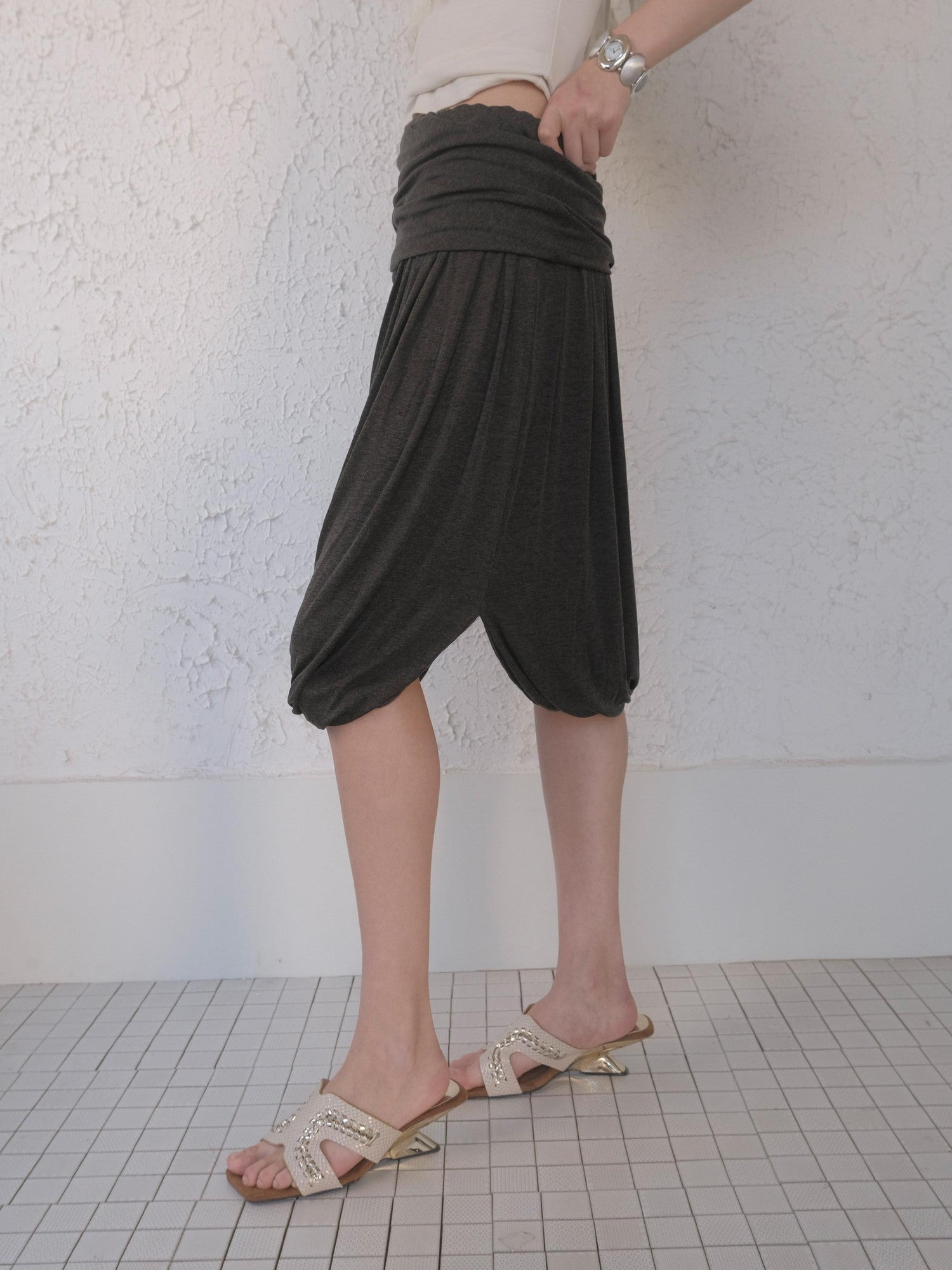 DKZ OFFICIAL Polka Dot Pleated Asymmetrical Elastic Waist Women&