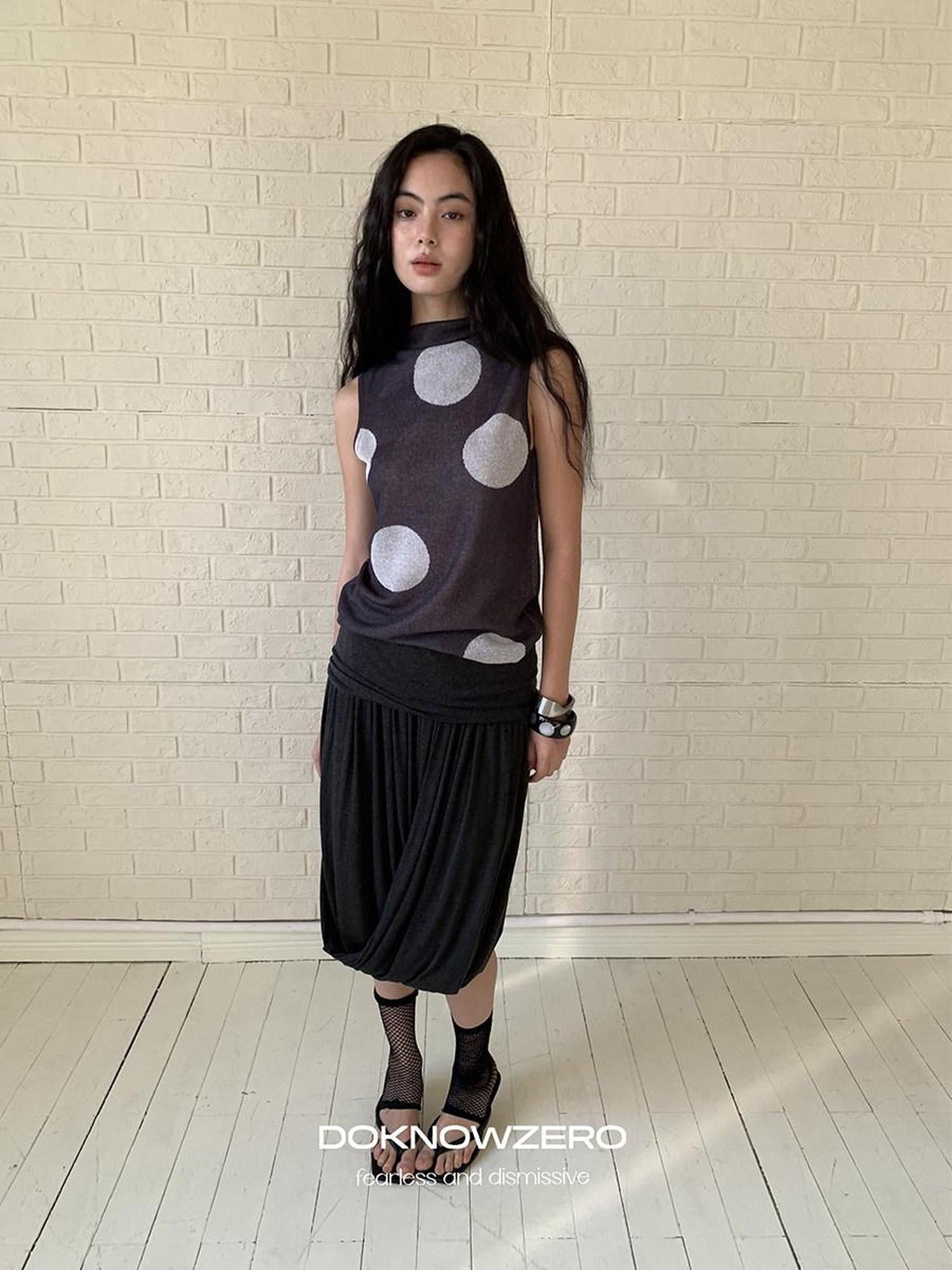DKZ OFFICIAL Polka Dot Pleated Asymmetrical Elastic Waist Women&