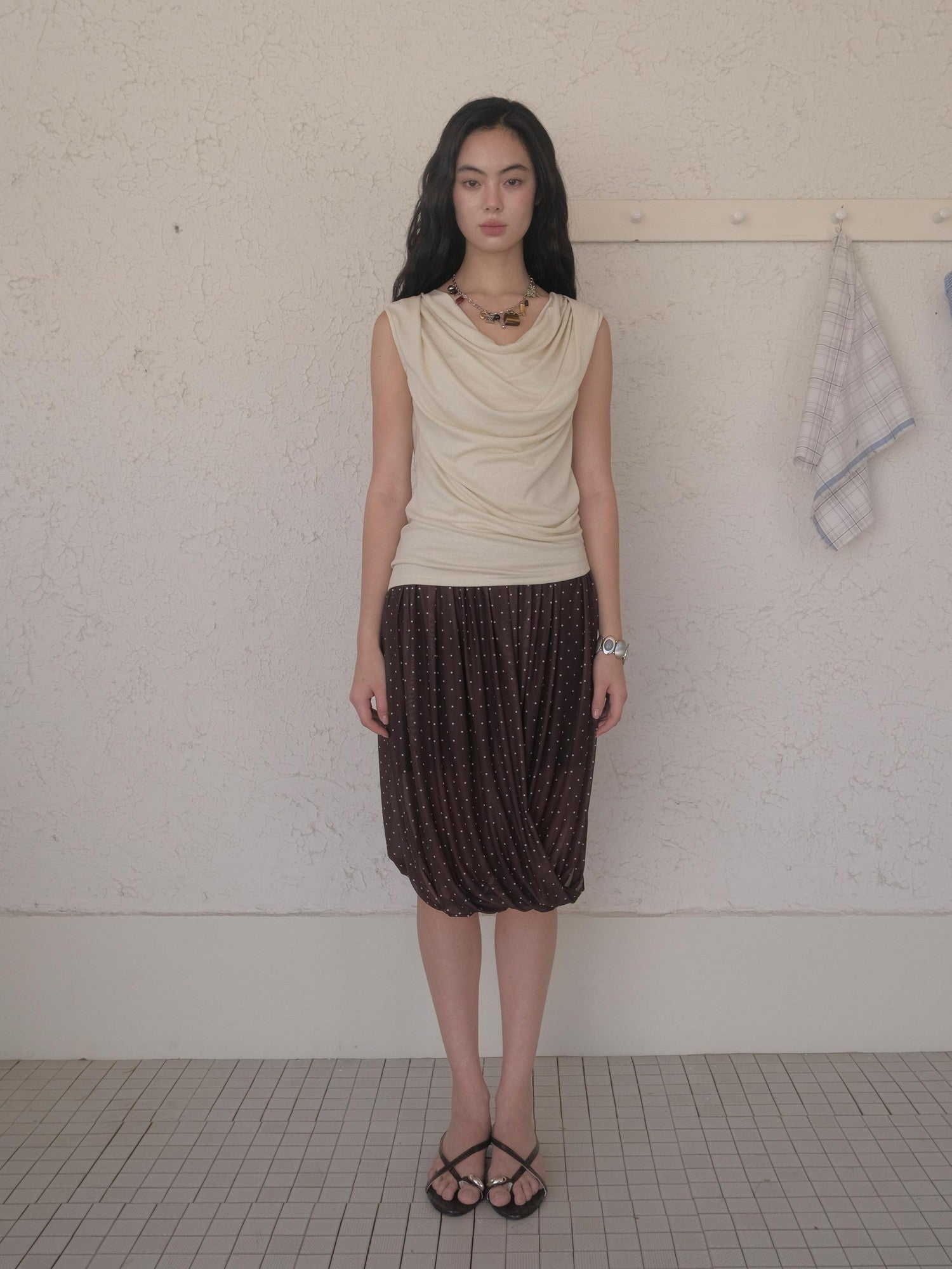 DKZ OFFICIAL Polka Dot Pleated Asymmetrical Elastic Waist Women&