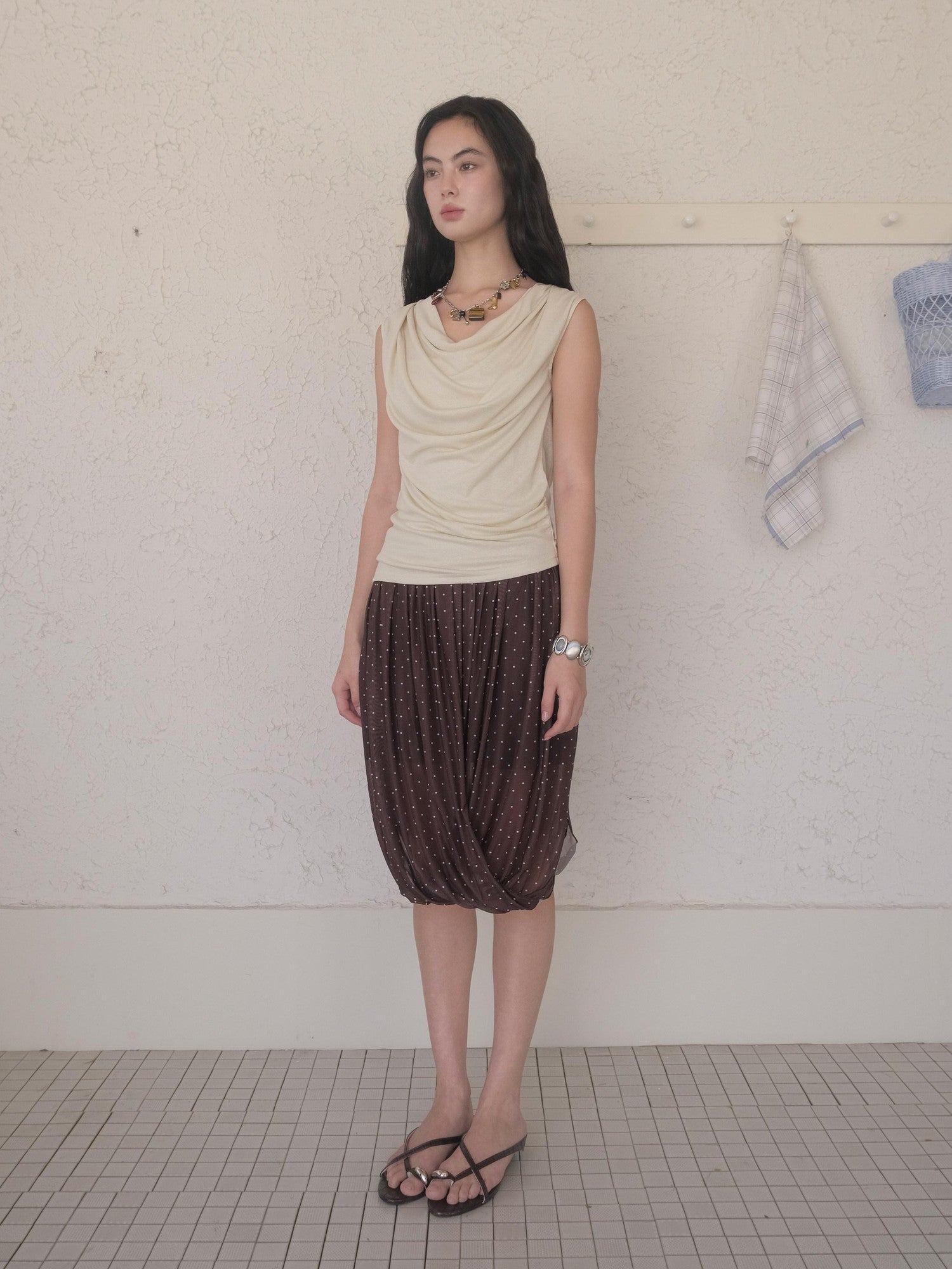 DKZ OFFICIAL Polka Dot Pleated Asymmetrical Elastic Waist Women&