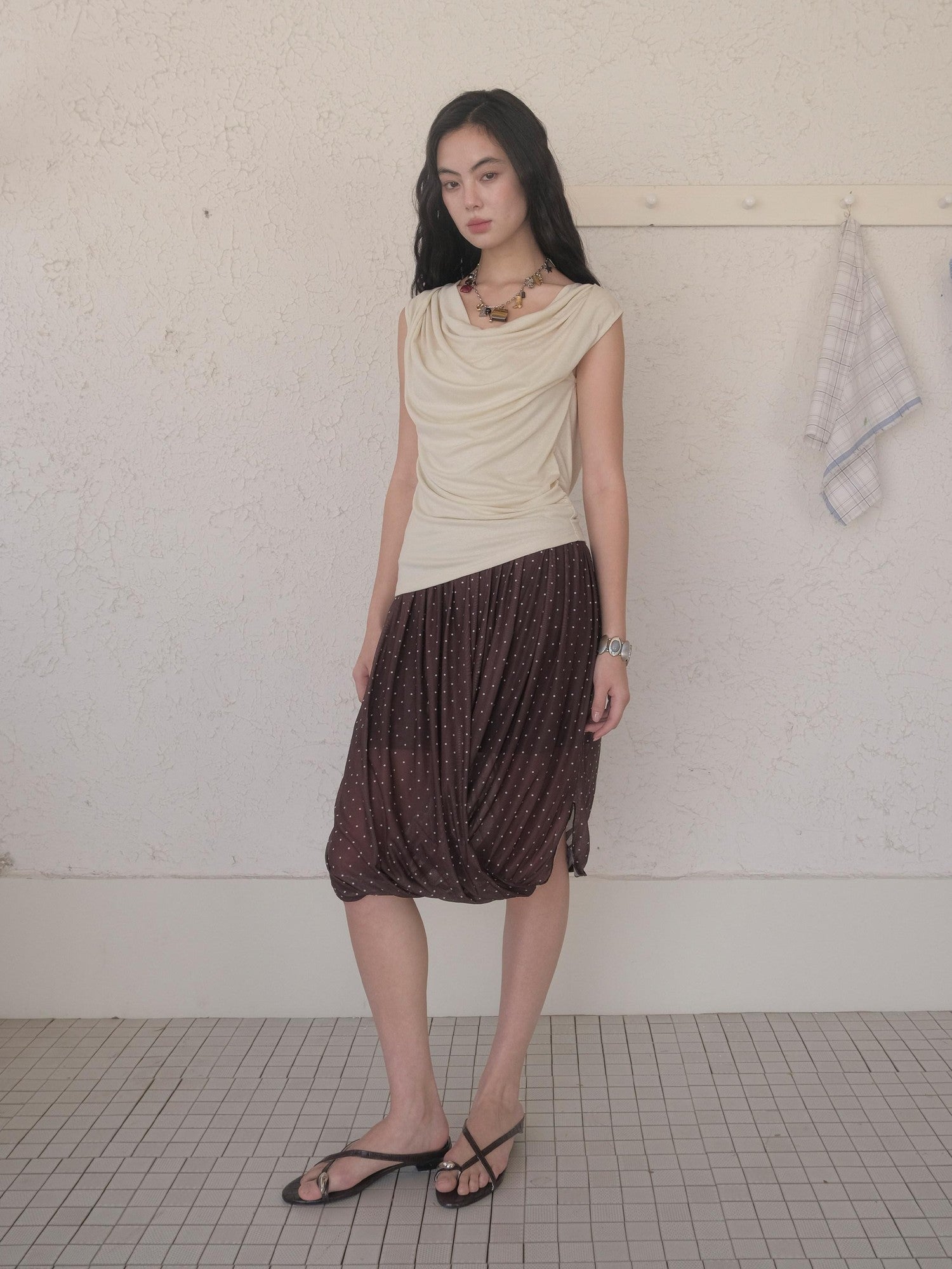 DKZ OFFICIAL Polka Dot Pleated Asymmetrical Elastic Waist Women&