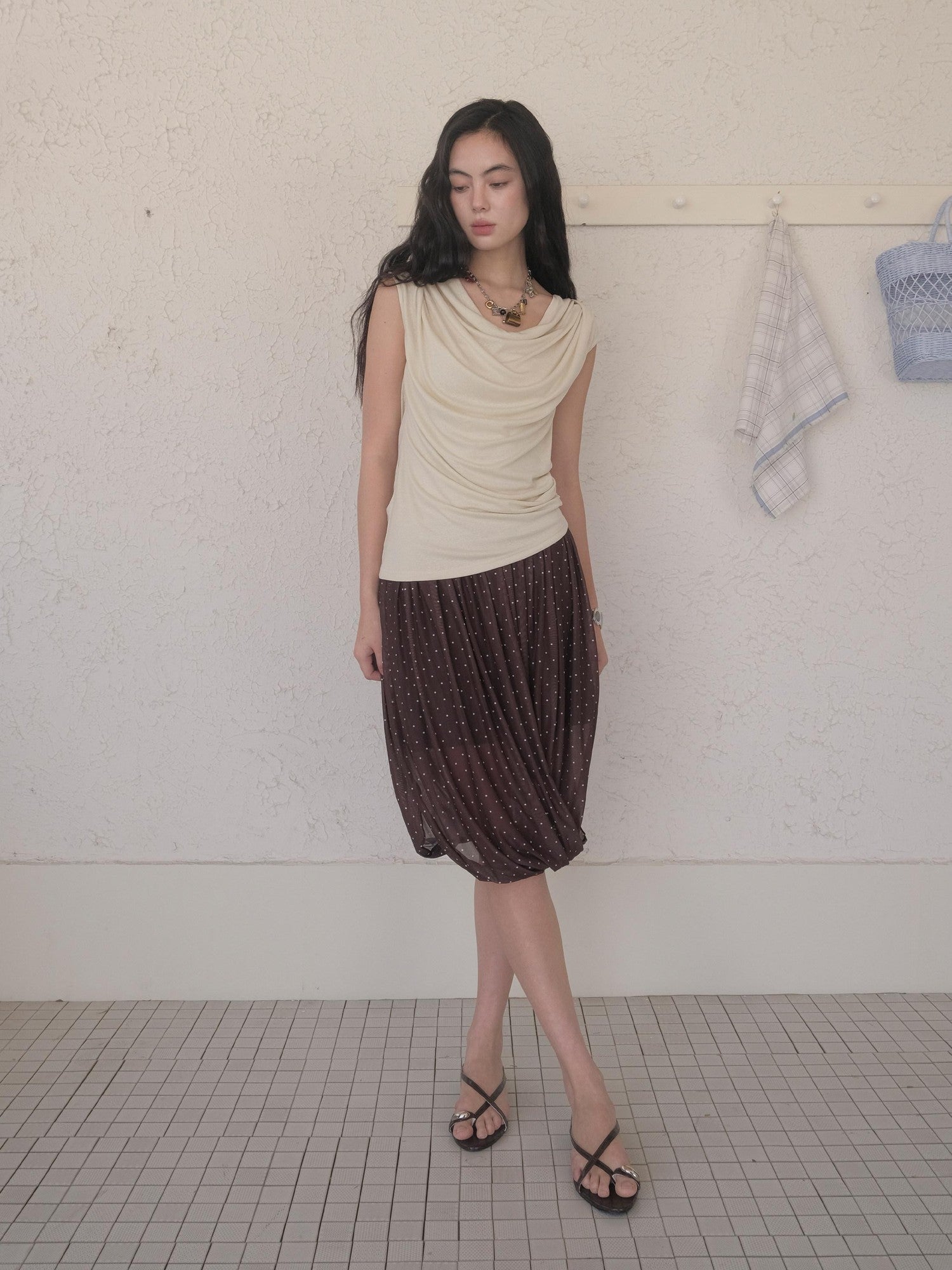 DKZ OFFICIAL Polka Dot Pleated Asymmetrical Elastic Waist Women&