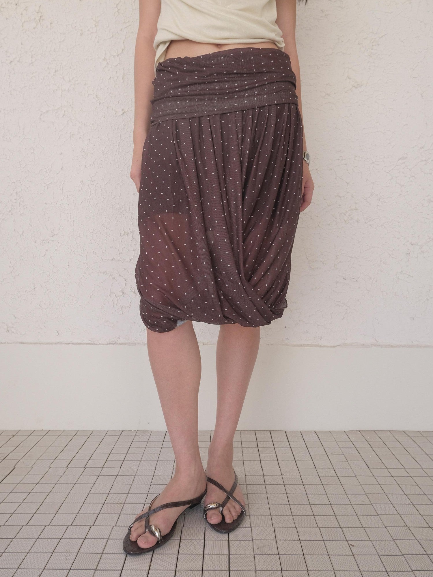 DKZ OFFICIAL Polka Dot Pleated Asymmetrical Elastic Waist Women&
