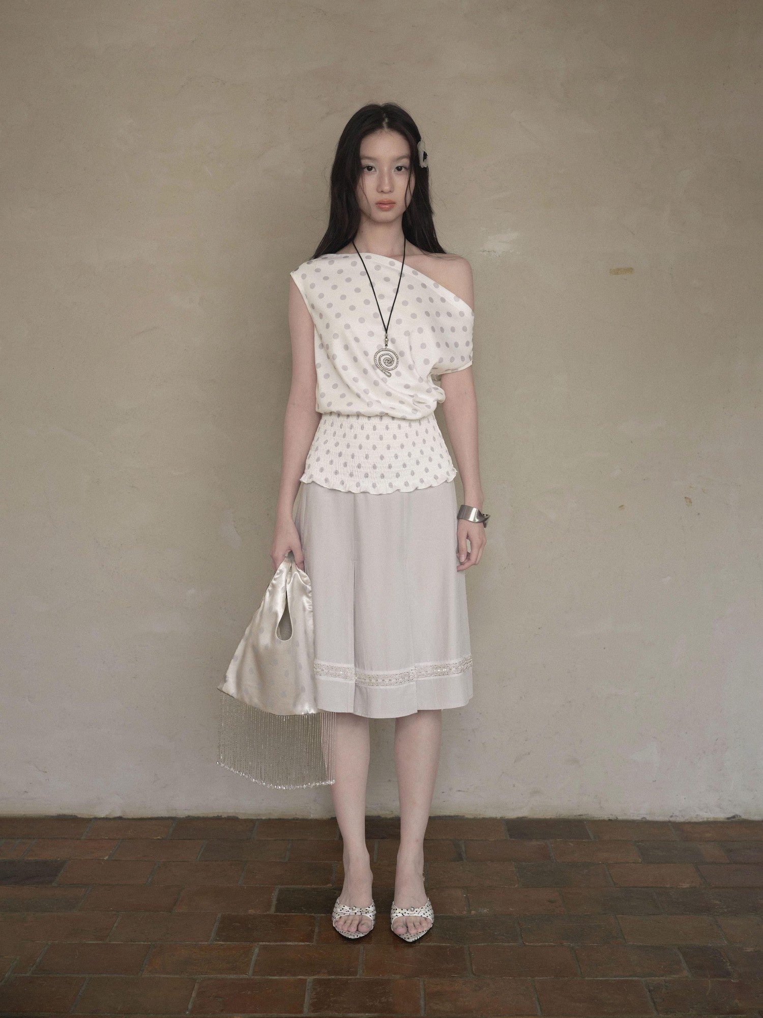 DKZ OFFICIAL Polka Dot Ruched Waist Slanted Neck Women&