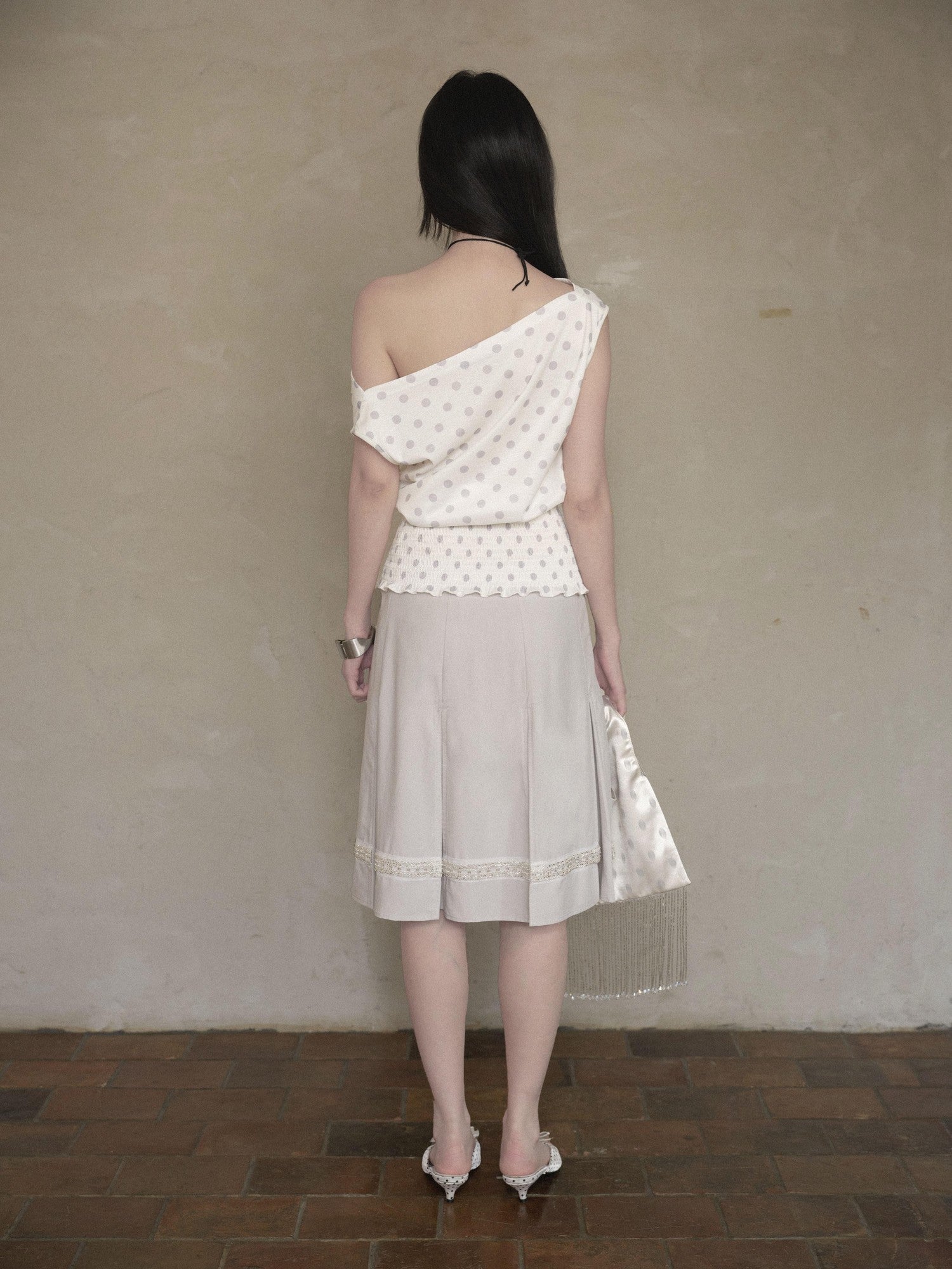 DKZ OFFICIAL Polka Dot Ruched Waist Slanted Neck Women&