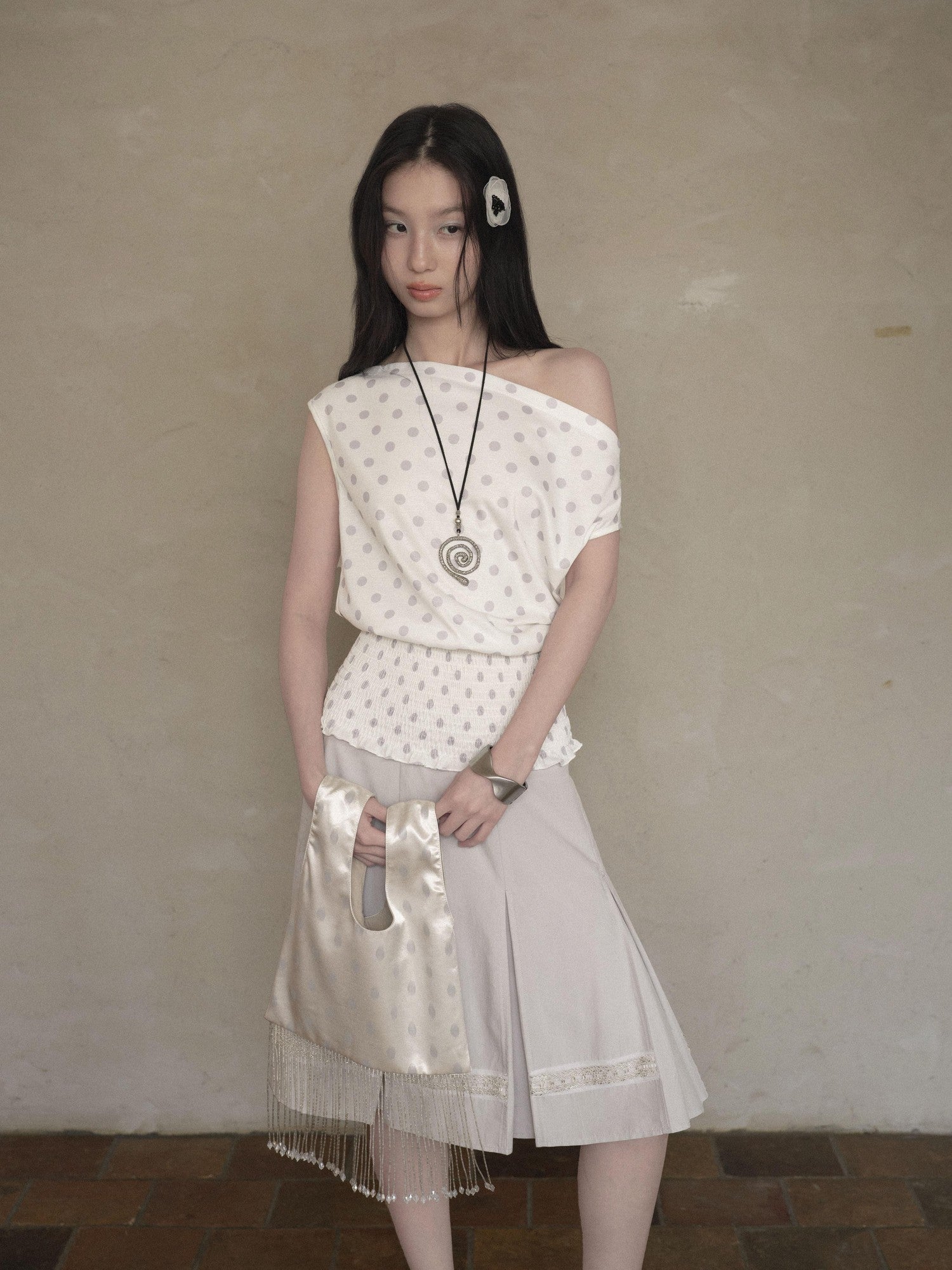 DKZ OFFICIAL Polka Dot Ruched Waist Slanted Neck Women&