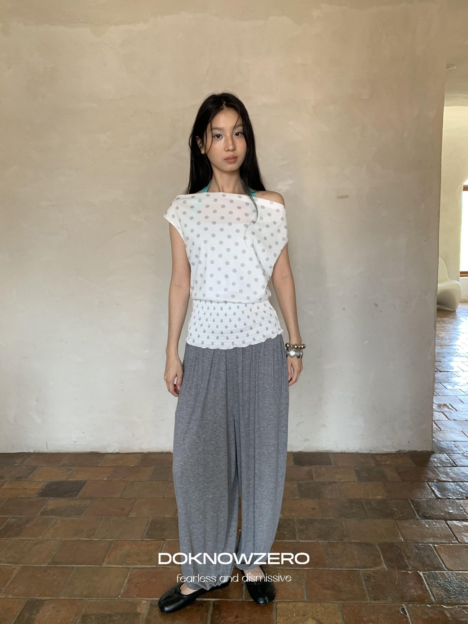DKZ OFFICIAL Polka Dot Ruched Waist Slanted Neck Women&